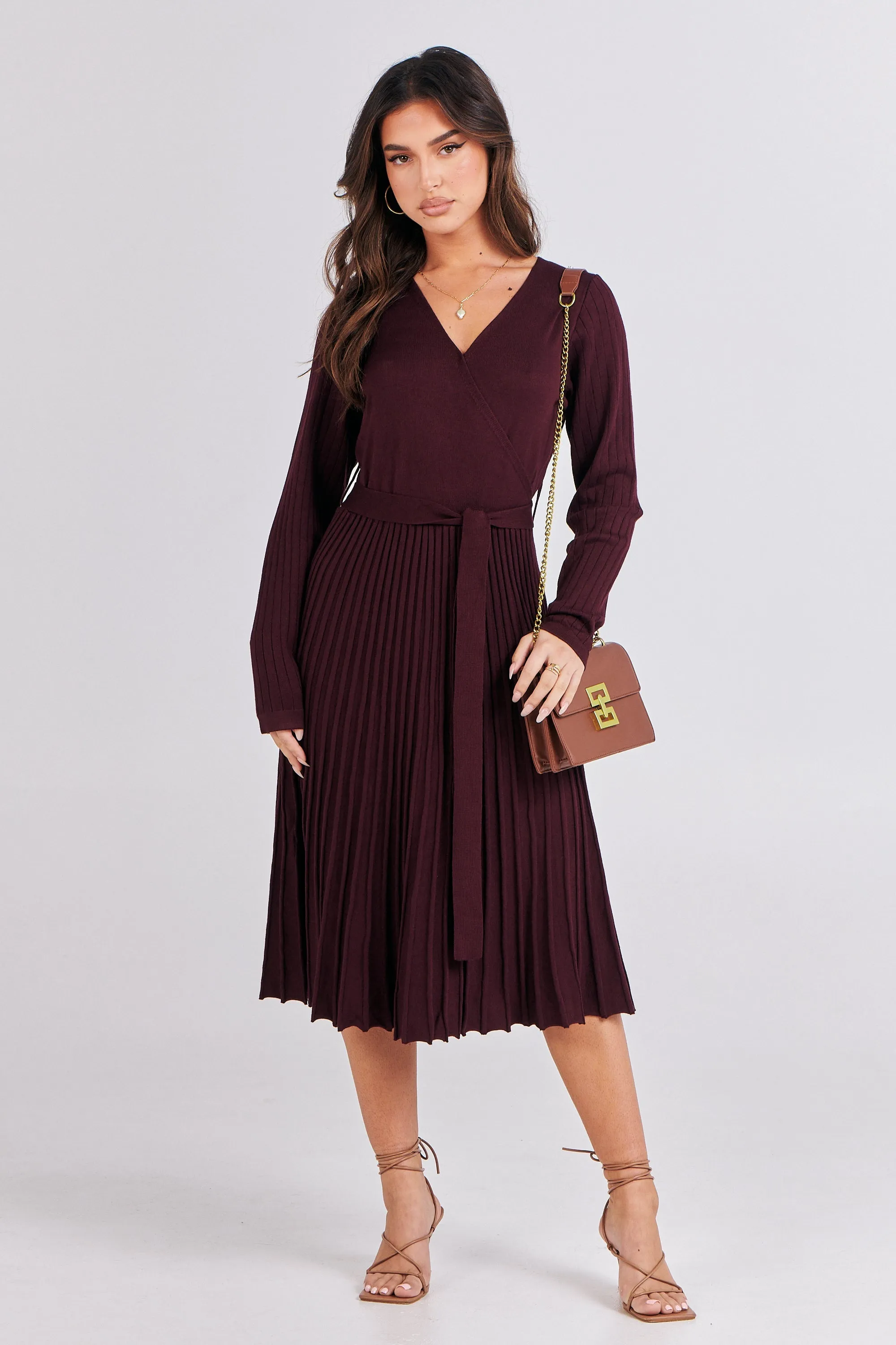 Parker Burgundy Long Sleeve Pleated Knit Midi Dress