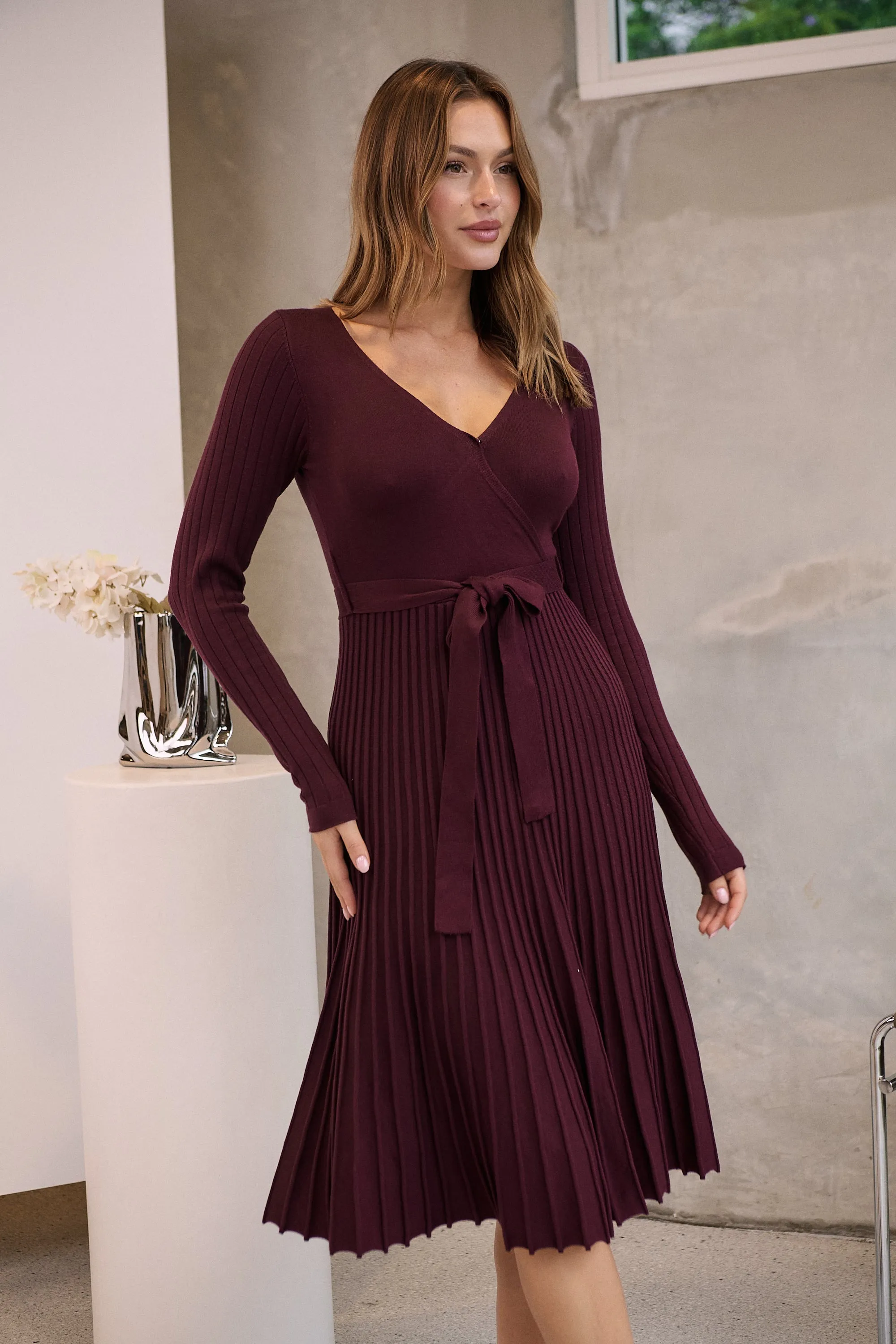 Parker Burgundy Long Sleeve Pleated Knit Midi Dress