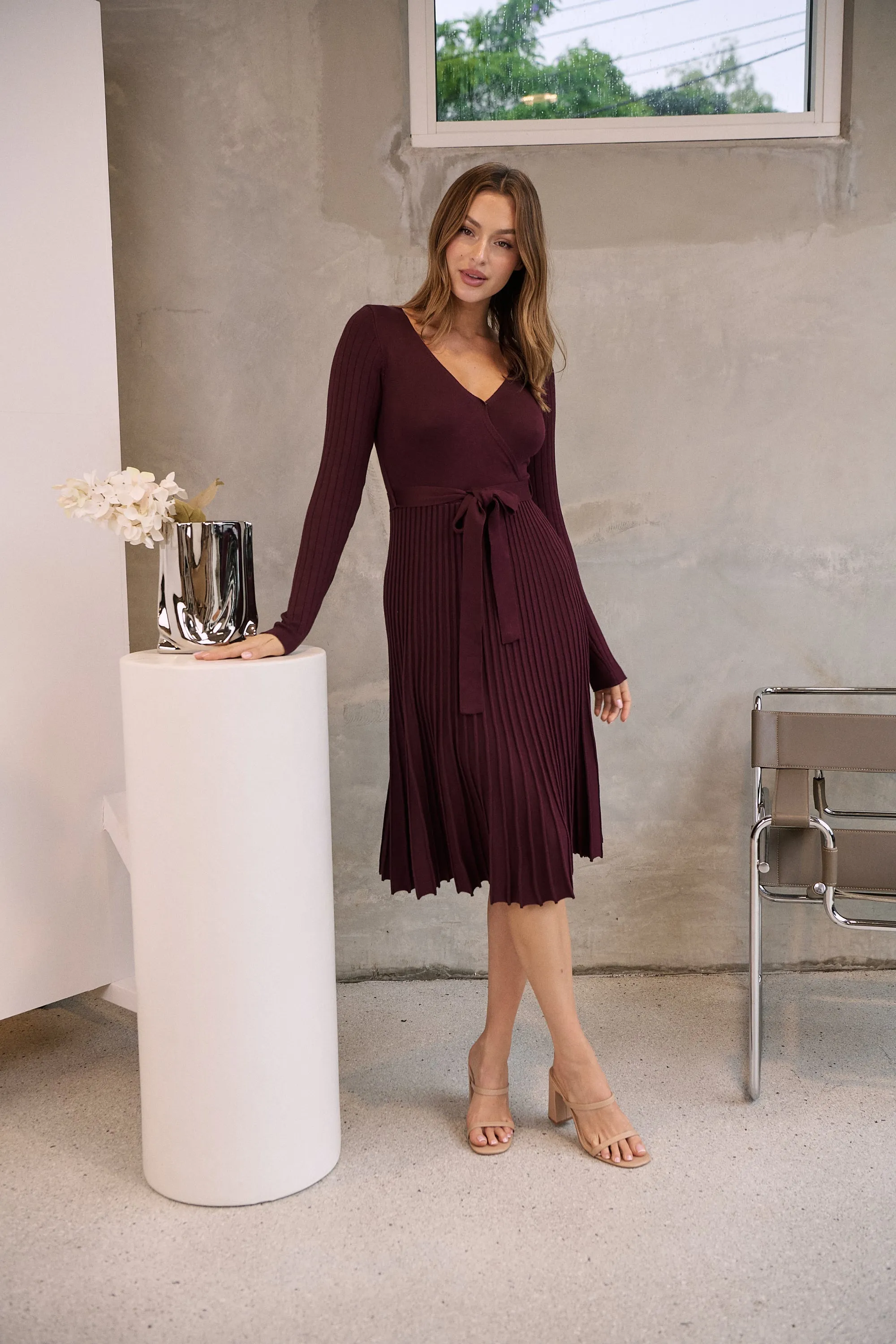 Parker Burgundy Long Sleeve Pleated Knit Midi Dress