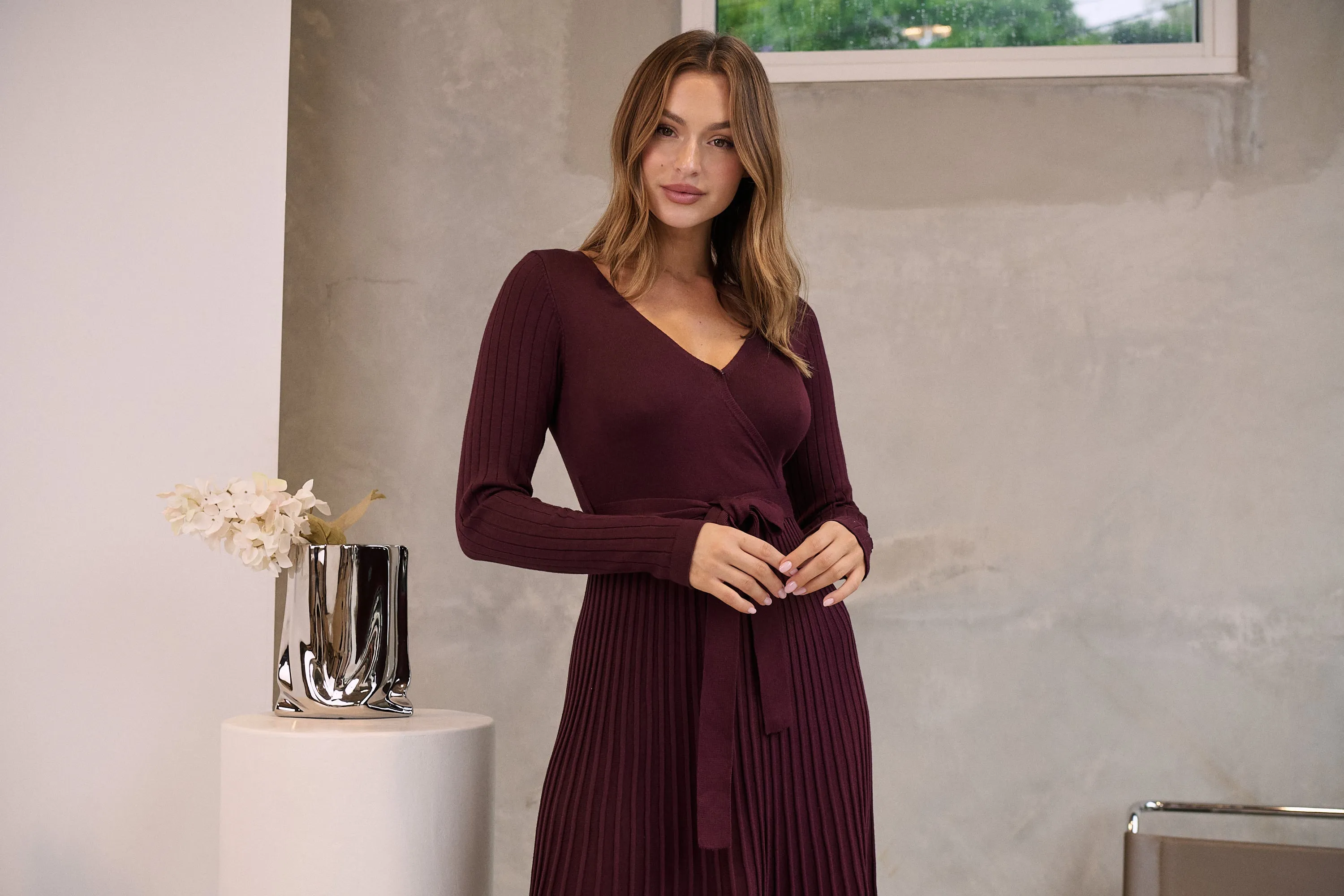 Parker Burgundy Long Sleeve Pleated Knit Midi Dress