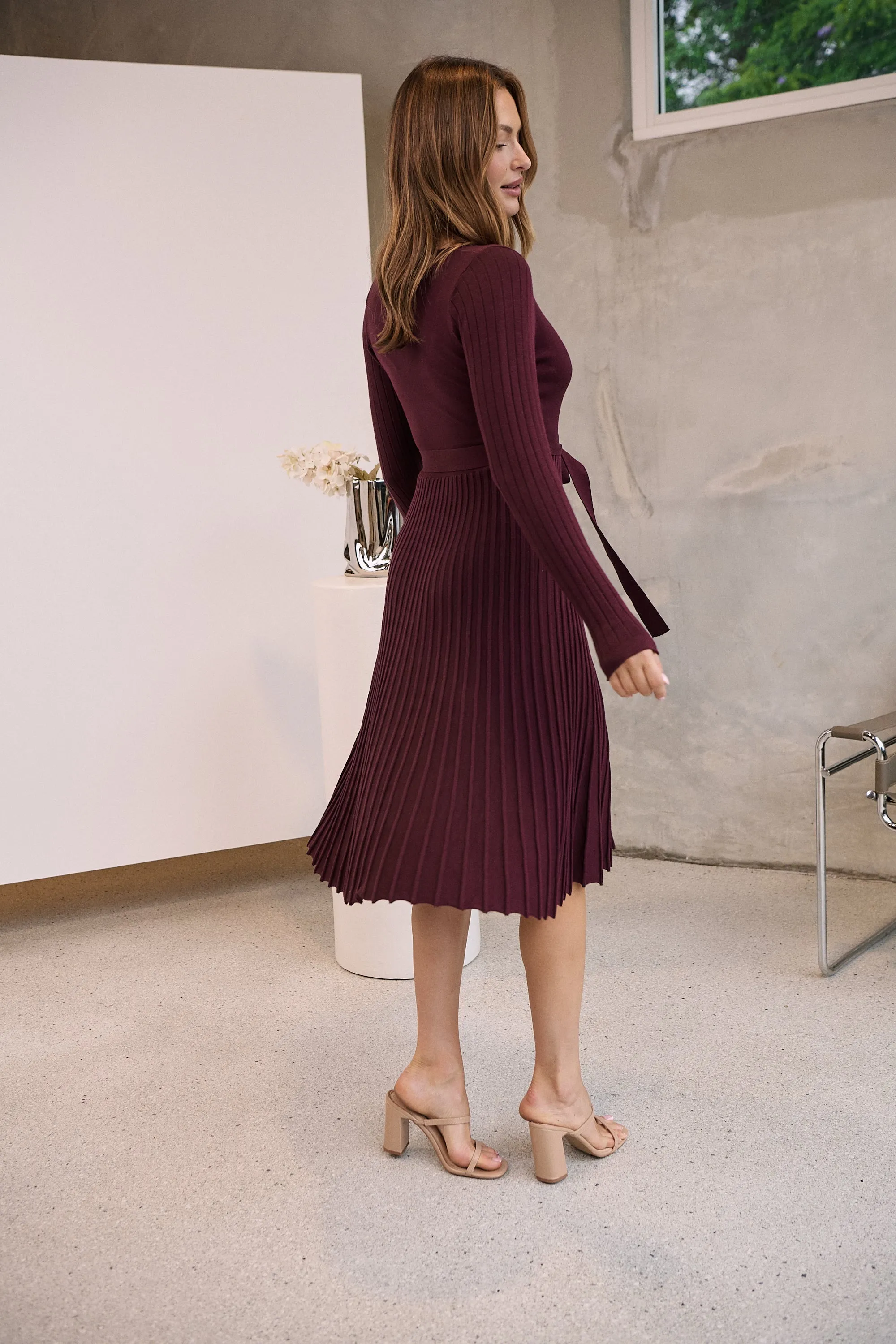 Parker Burgundy Long Sleeve Pleated Knit Midi Dress