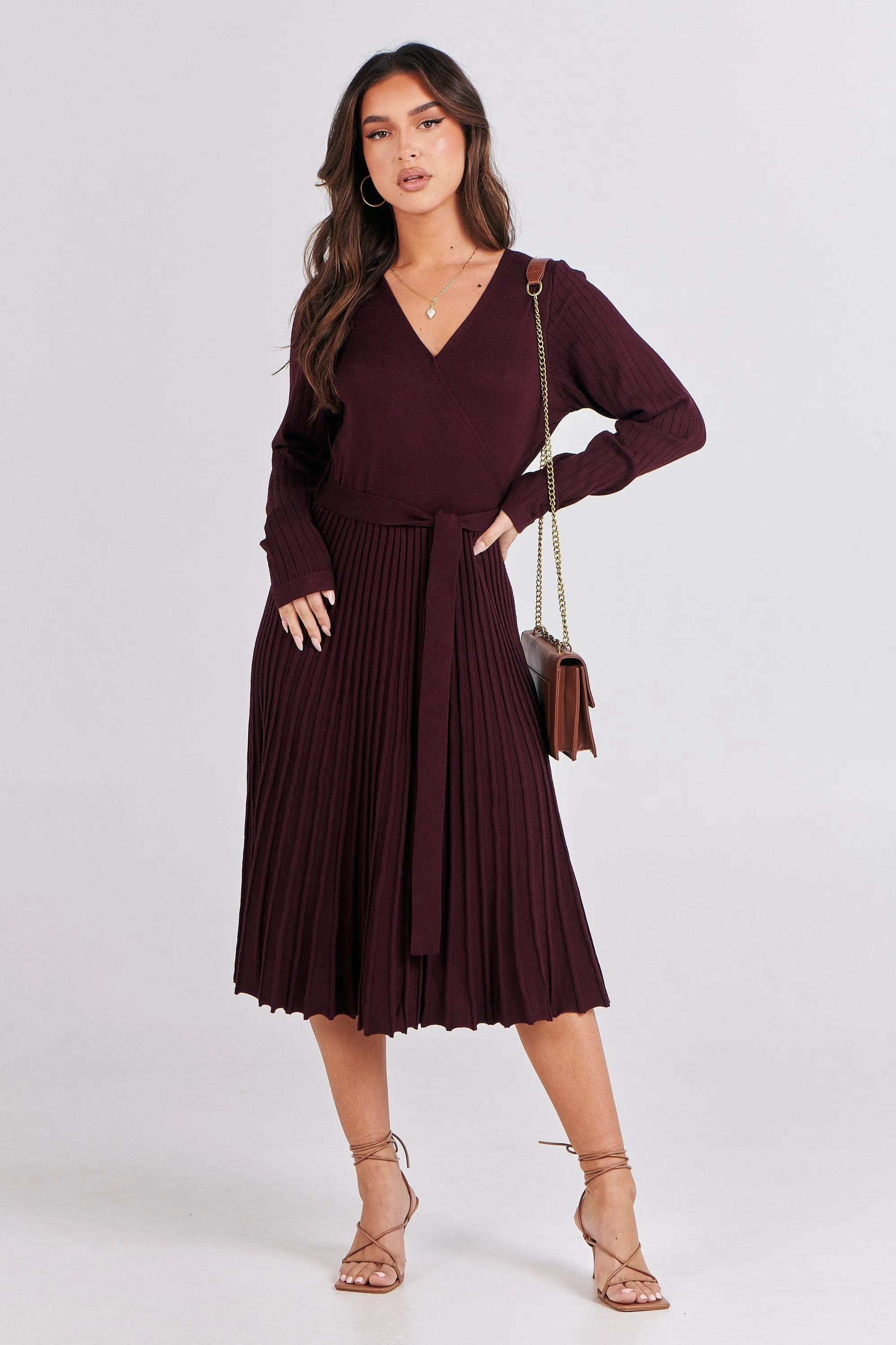 Parker Burgundy Long Sleeve Pleated Knit Midi Dress
