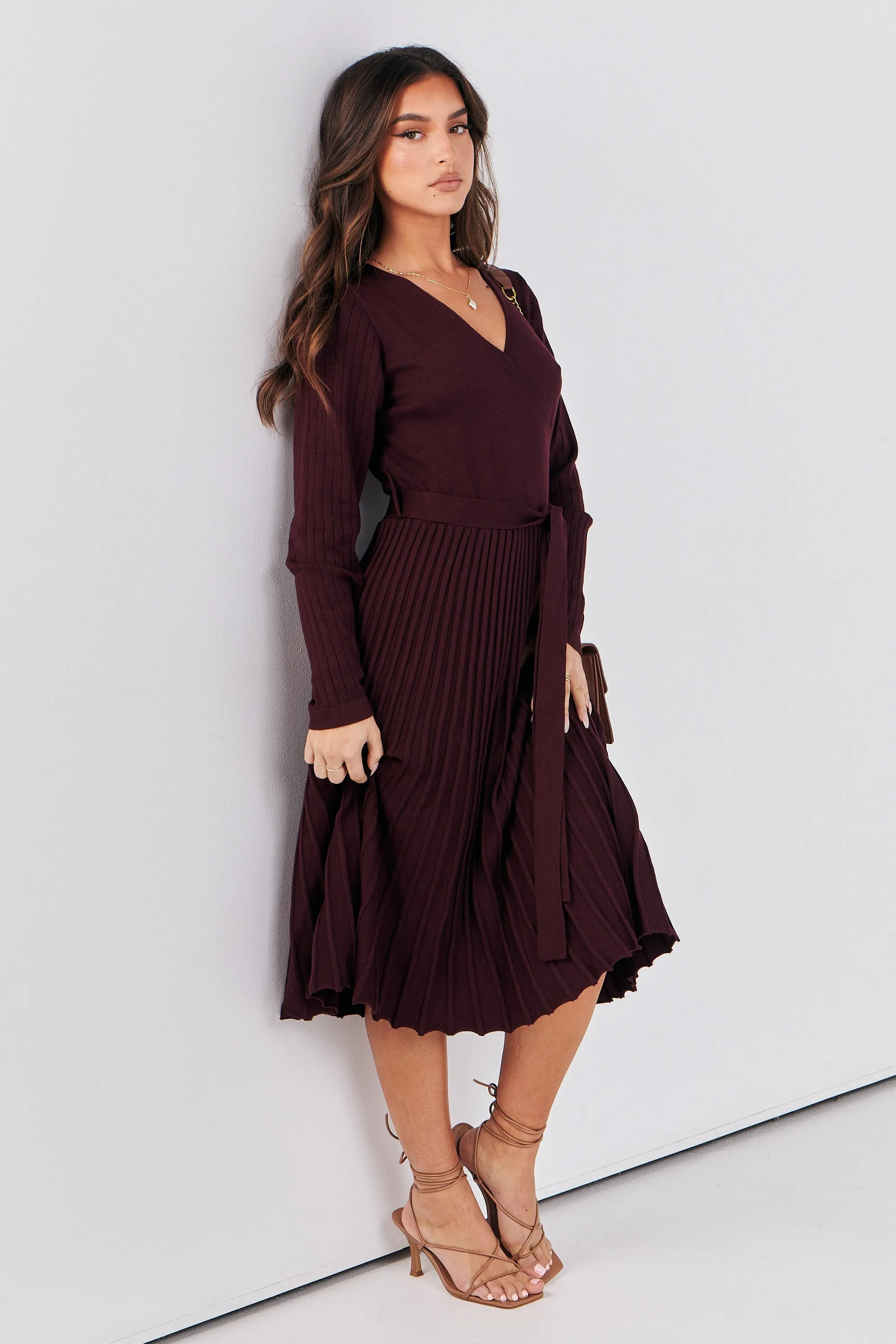 Parker Burgundy Long Sleeve Pleated Knit Midi Dress