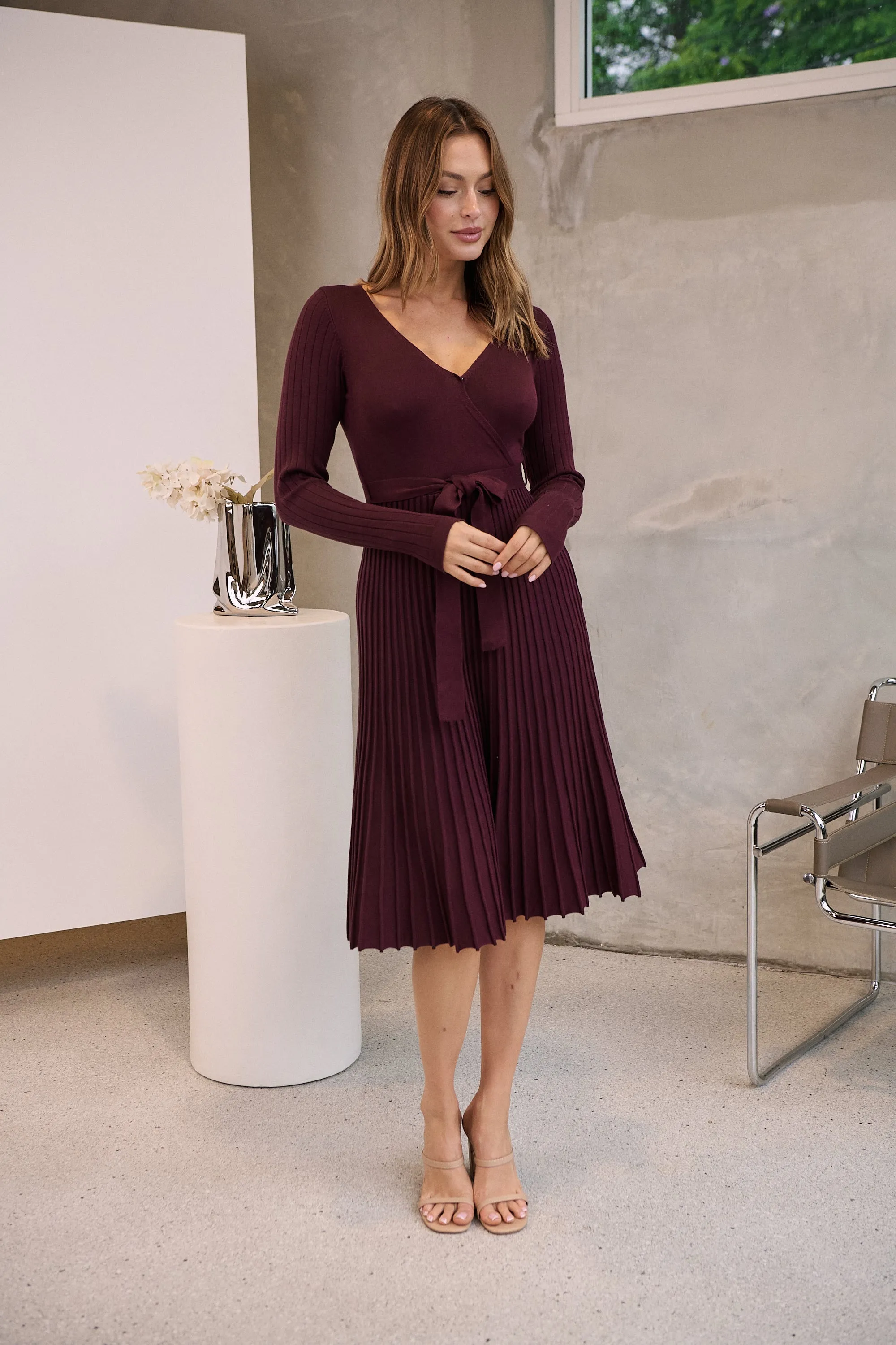 Parker Burgundy Long Sleeve Pleated Knit Midi Dress