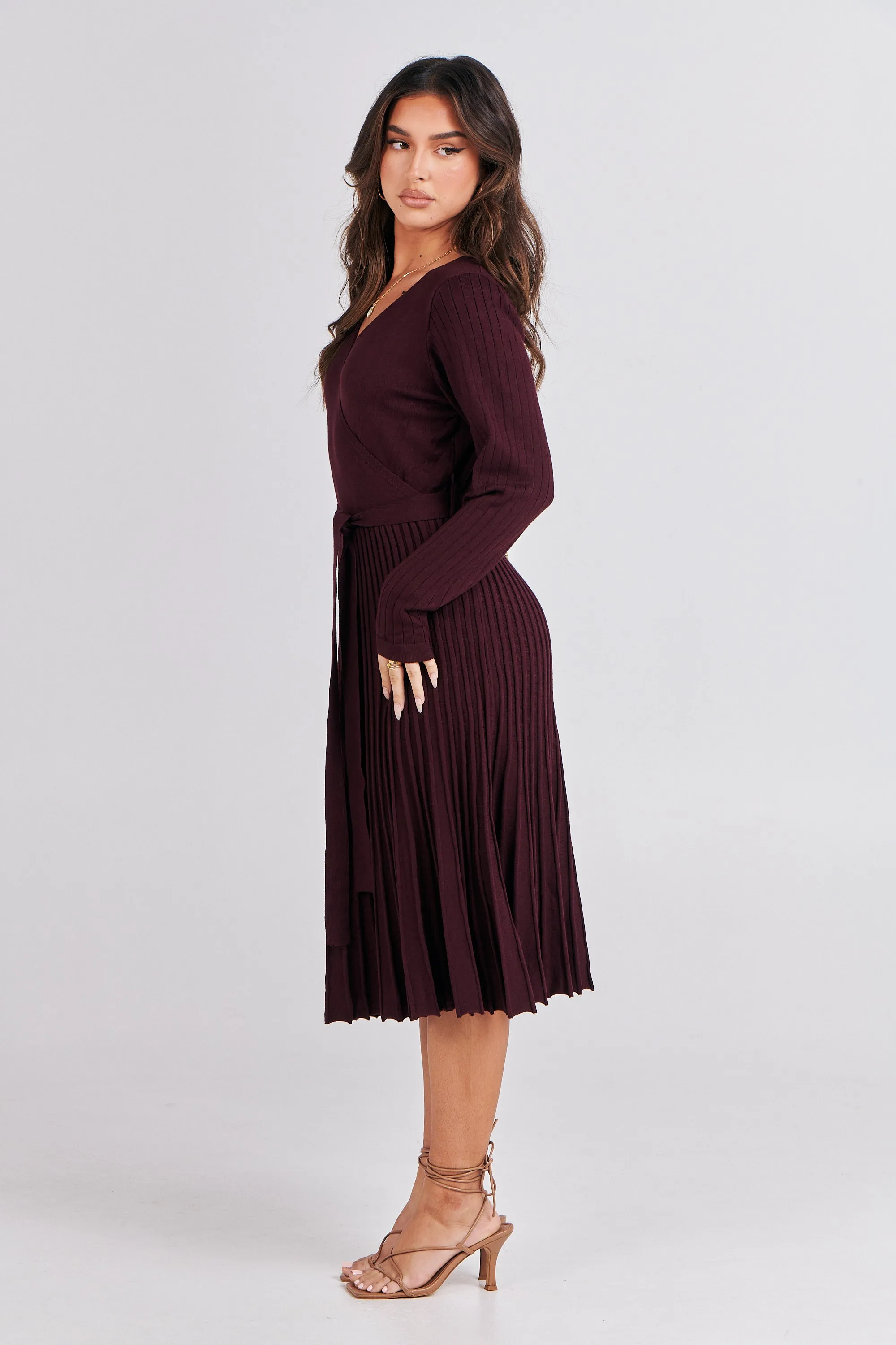 Parker Burgundy Long Sleeve Pleated Knit Midi Dress