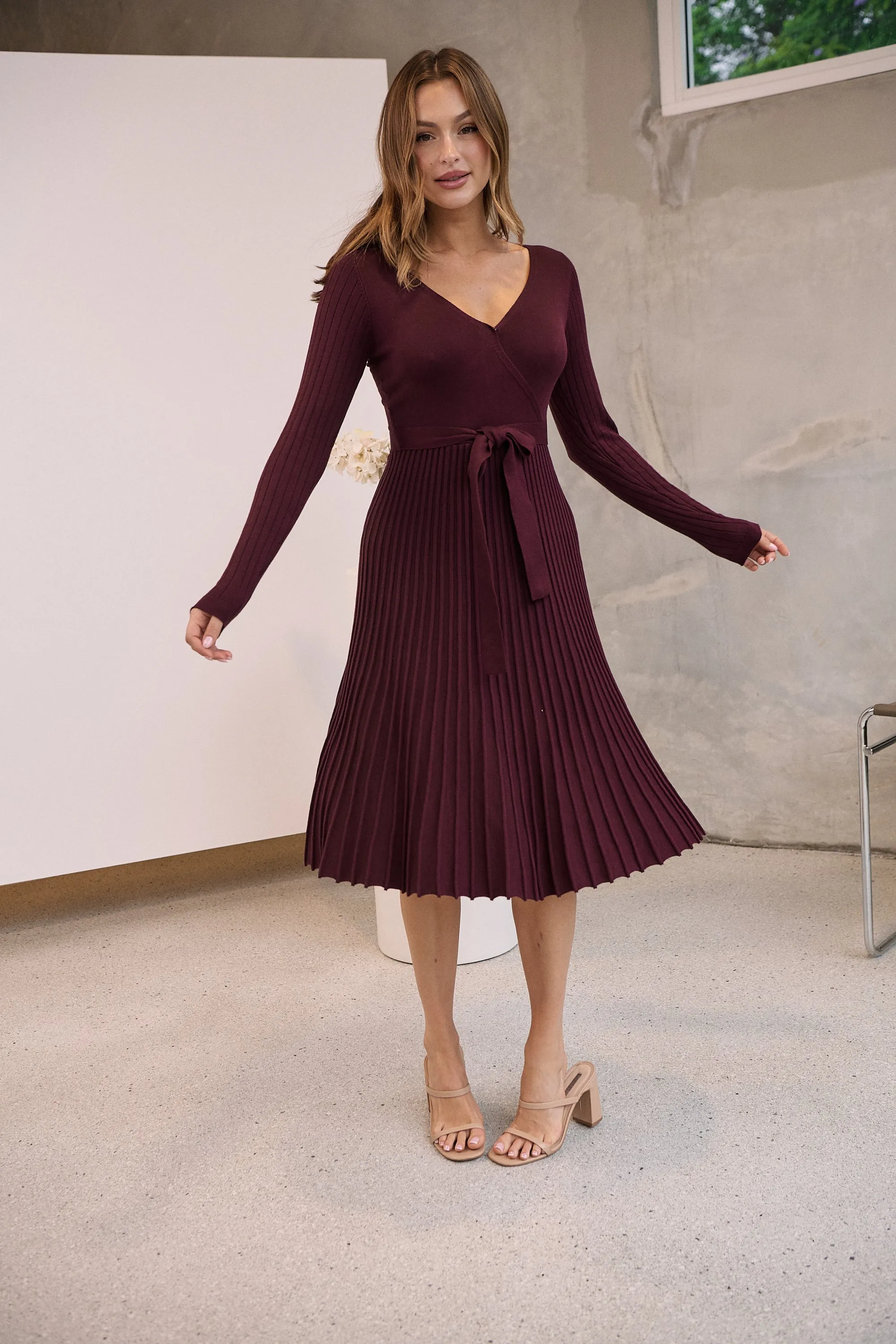 Parker Burgundy Long Sleeve Pleated Knit Midi Dress