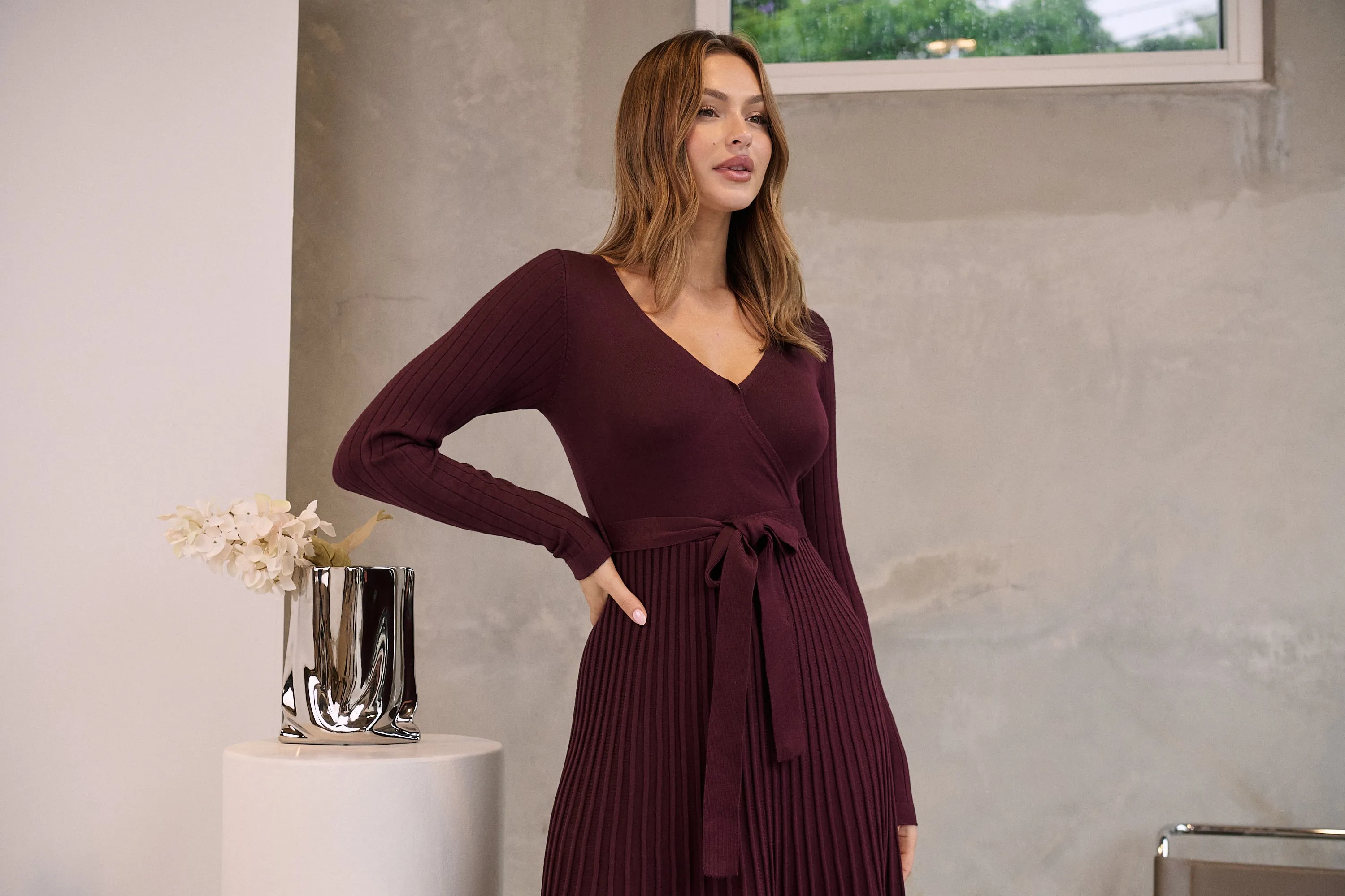 Parker Burgundy Long Sleeve Pleated Knit Midi Dress