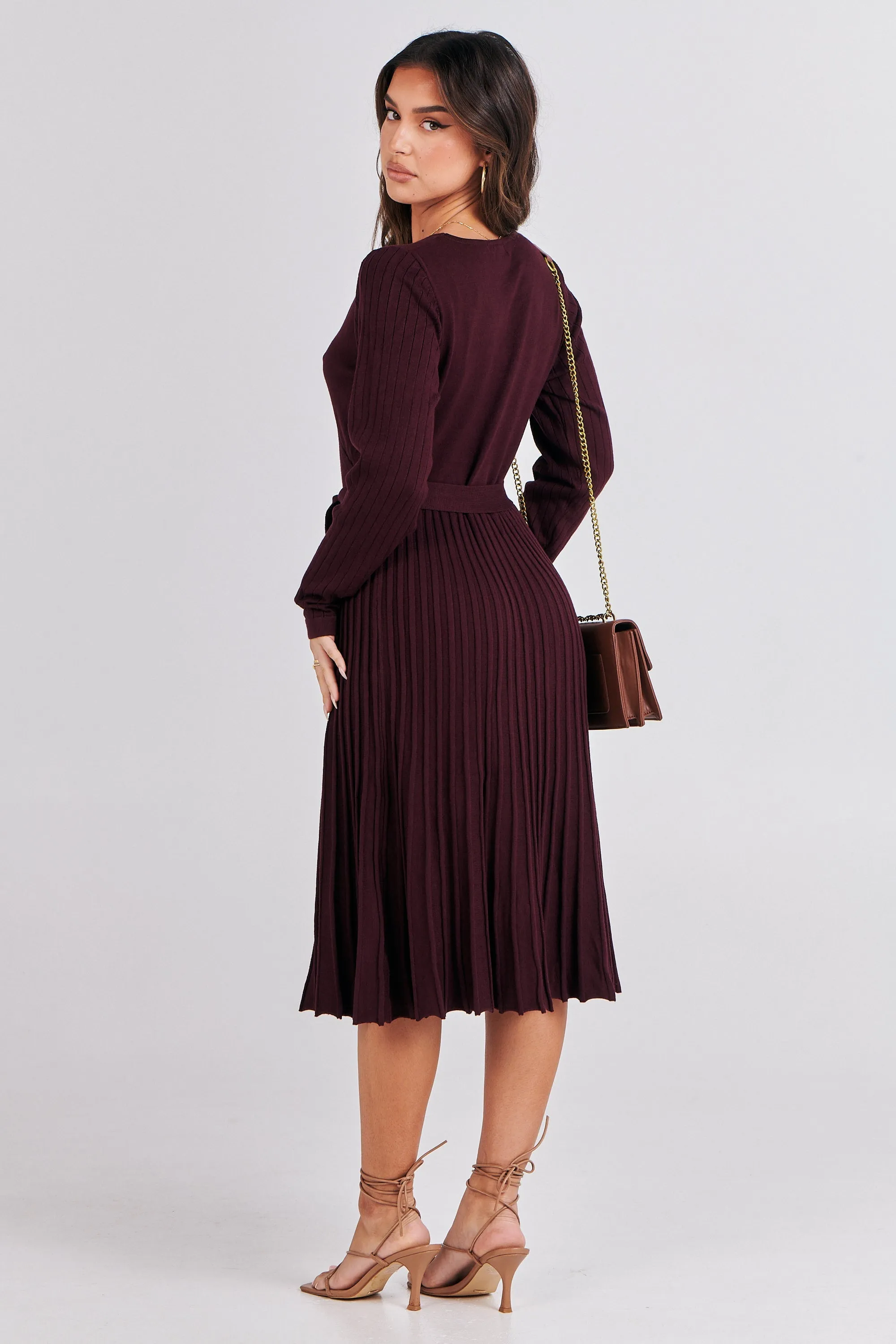 Parker Burgundy Long Sleeve Pleated Knit Midi Dress