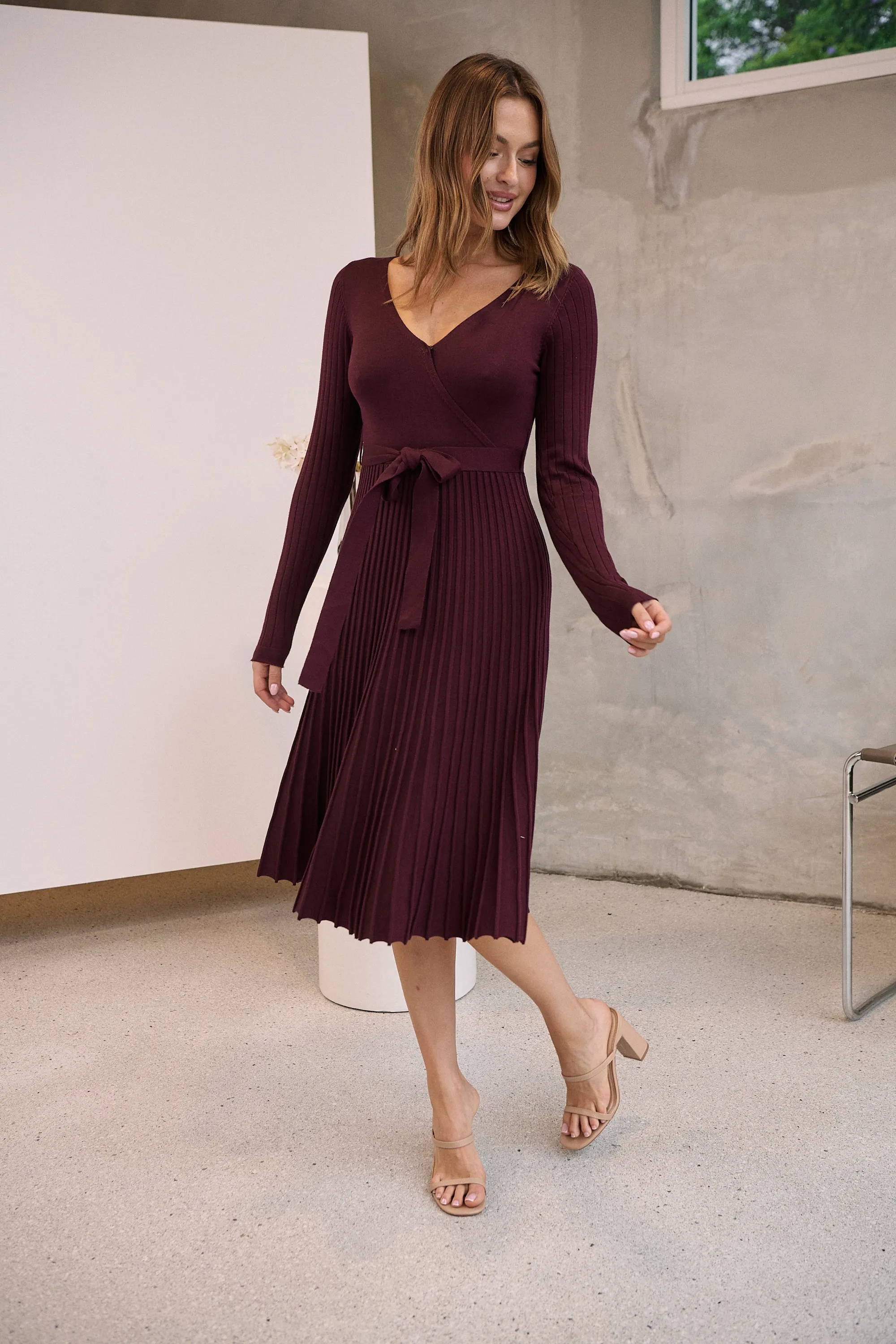 Parker Burgundy Long Sleeve Pleated Knit Midi Dress