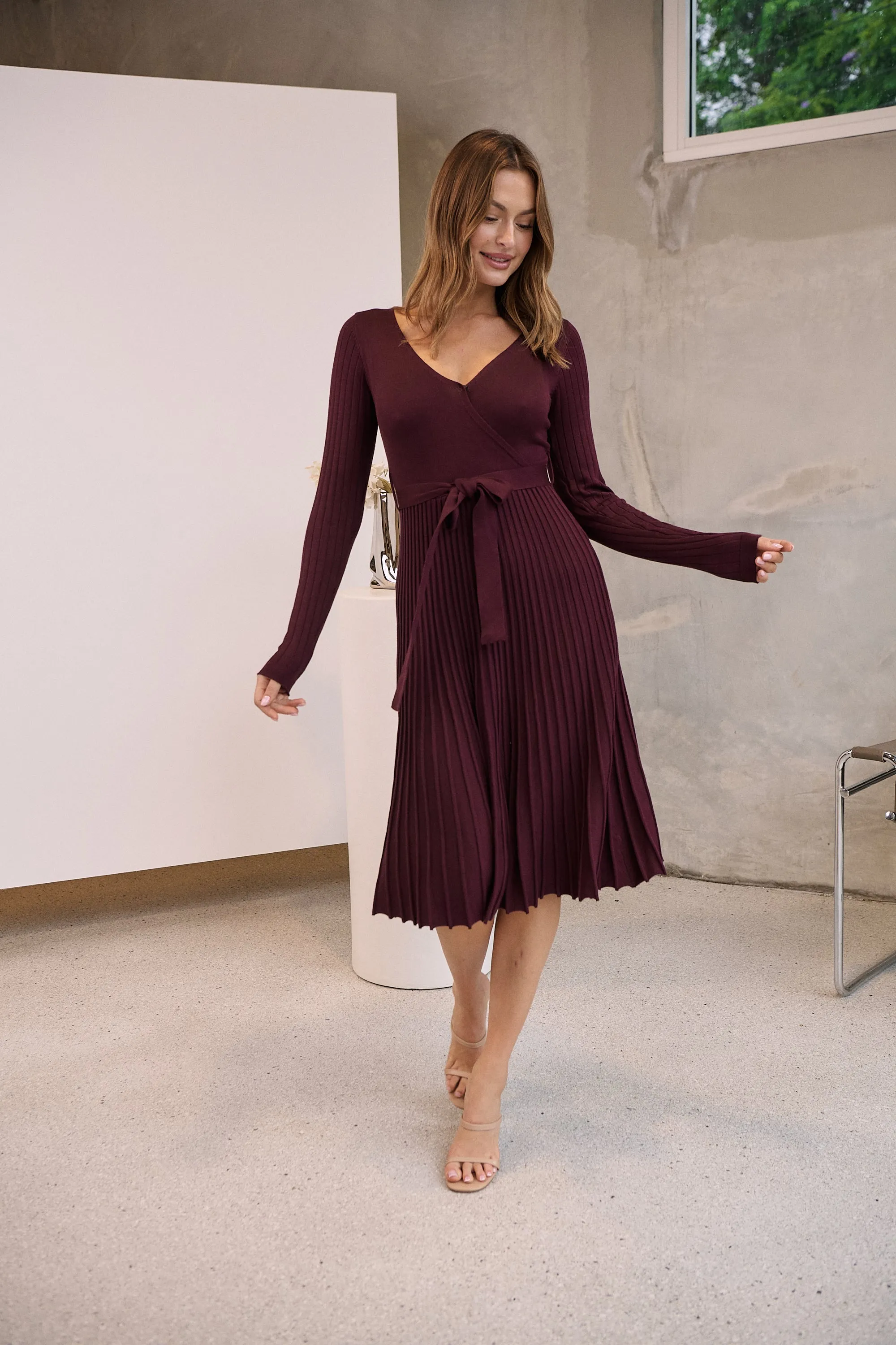 Parker Burgundy Long Sleeve Pleated Knit Midi Dress