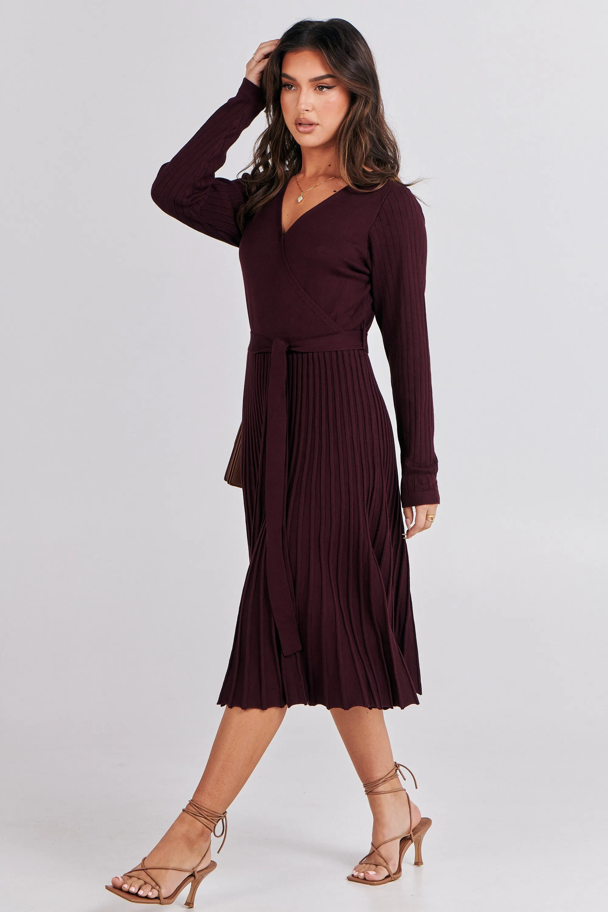 Parker Burgundy Long Sleeve Pleated Knit Midi Dress