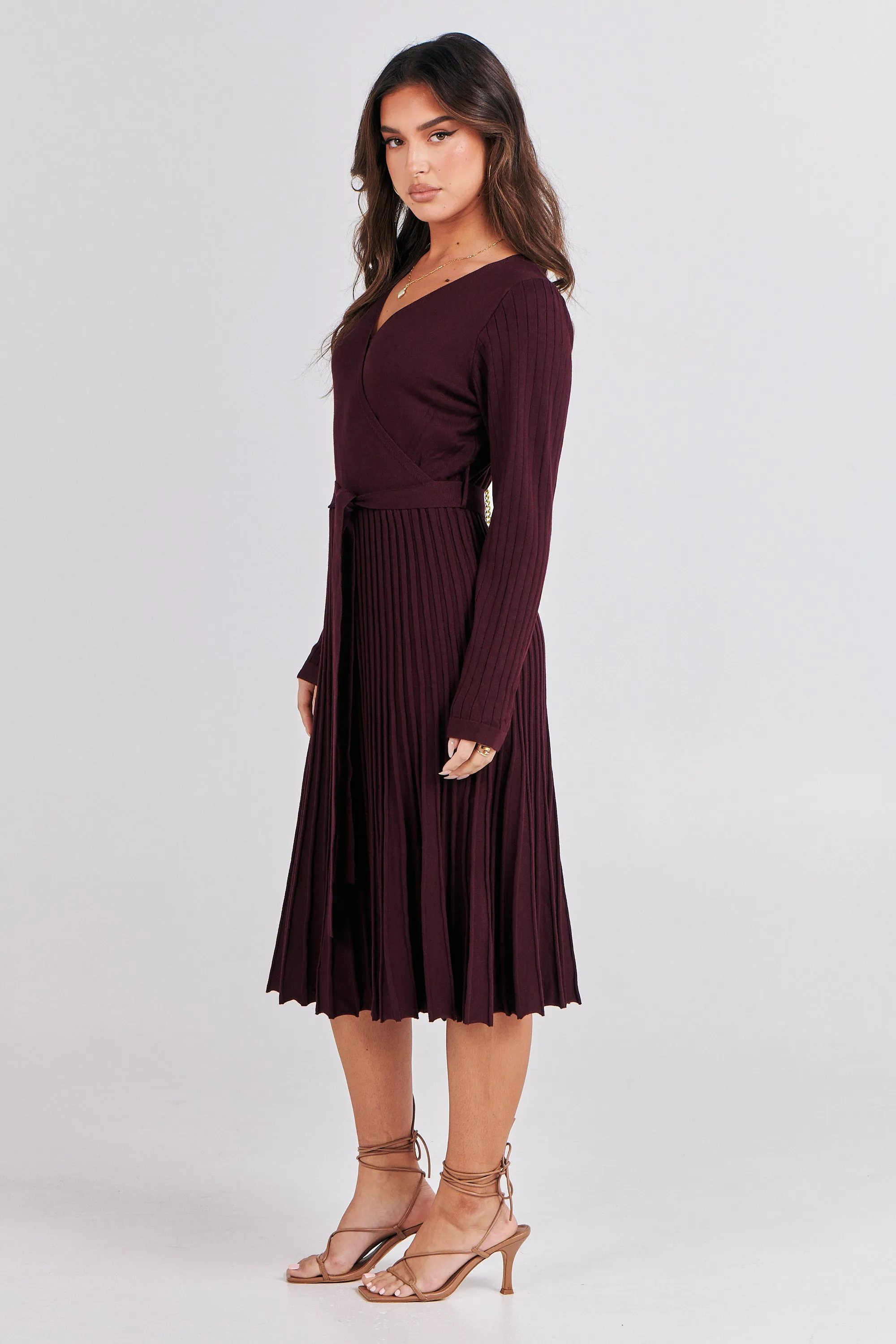 Parker Burgundy Long Sleeve Pleated Knit Midi Dress