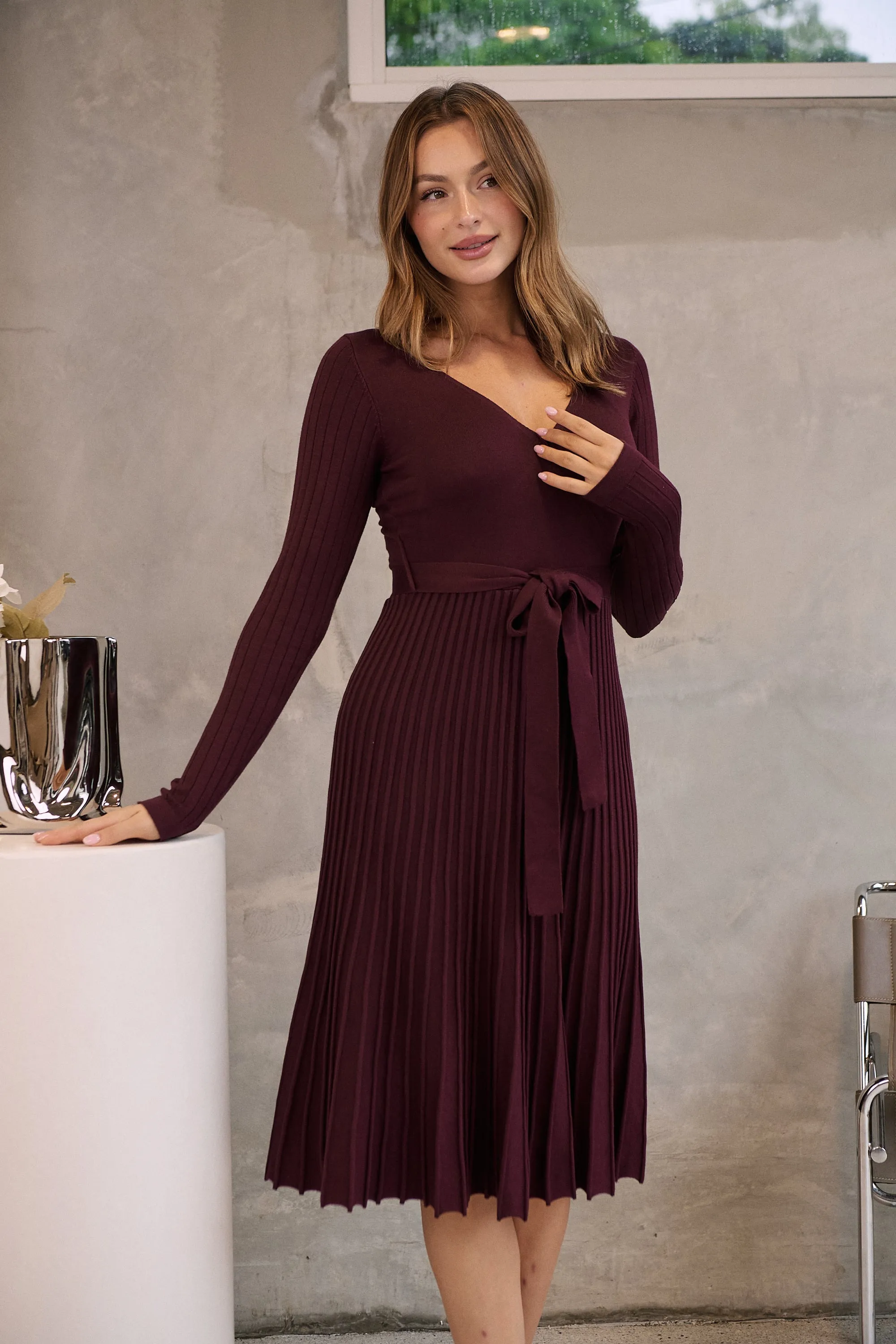 Parker Burgundy Long Sleeve Pleated Knit Midi Dress