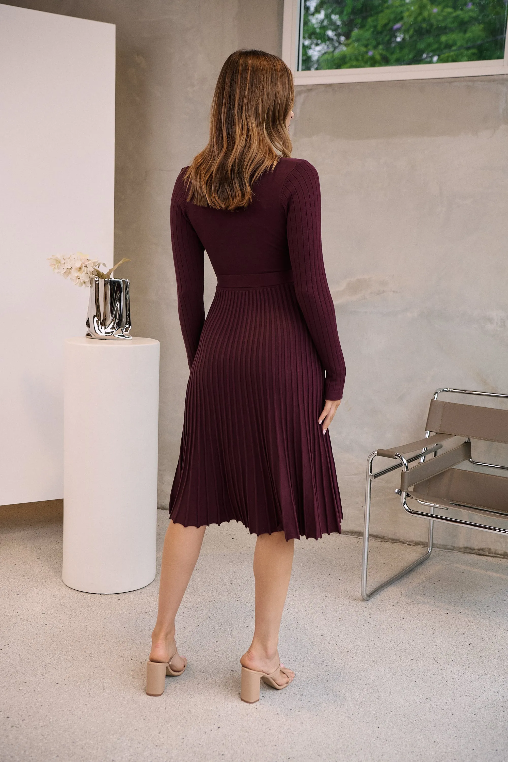 Parker Burgundy Long Sleeve Pleated Knit Midi Dress