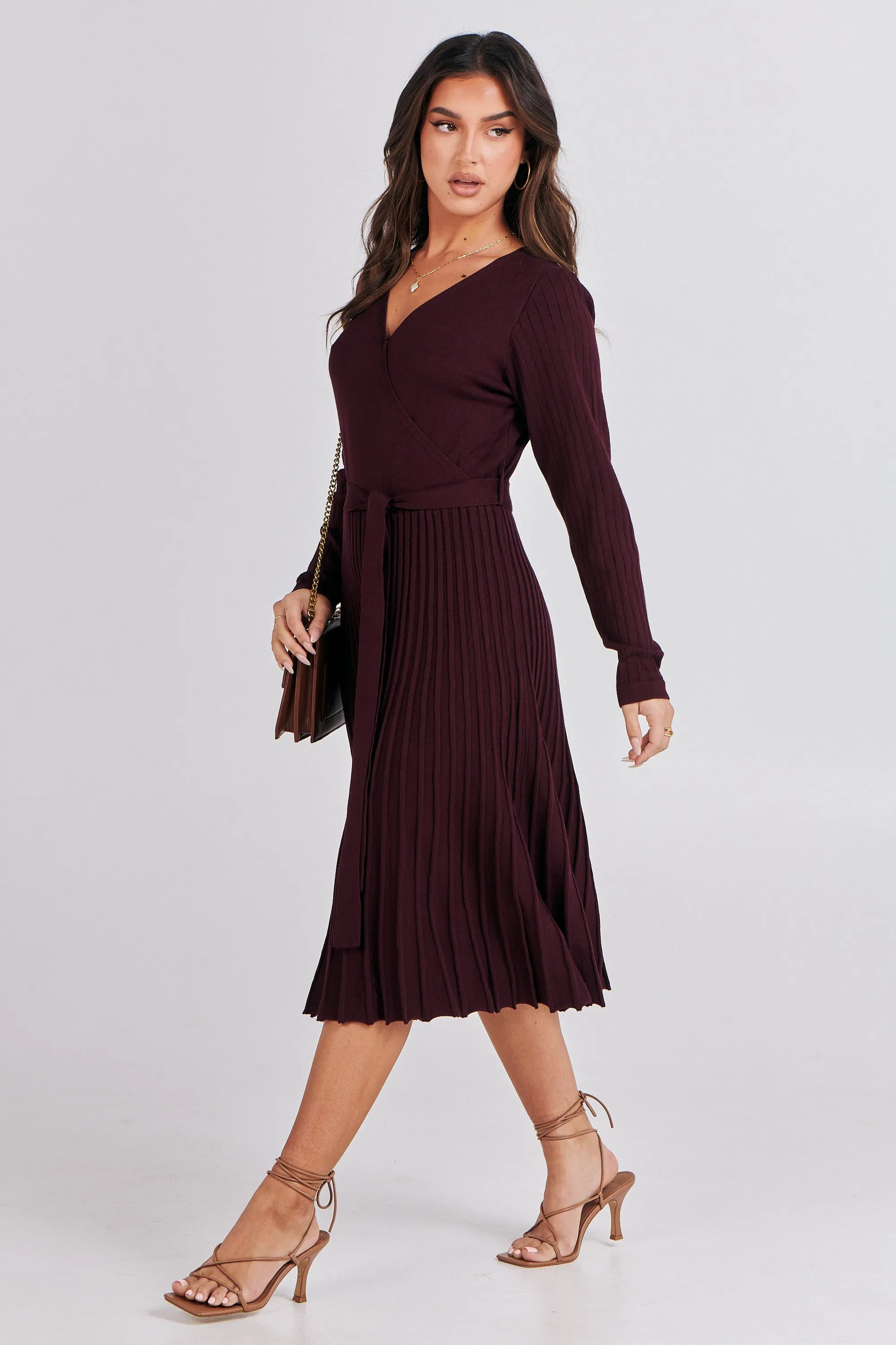 Parker Burgundy Long Sleeve Pleated Knit Midi Dress