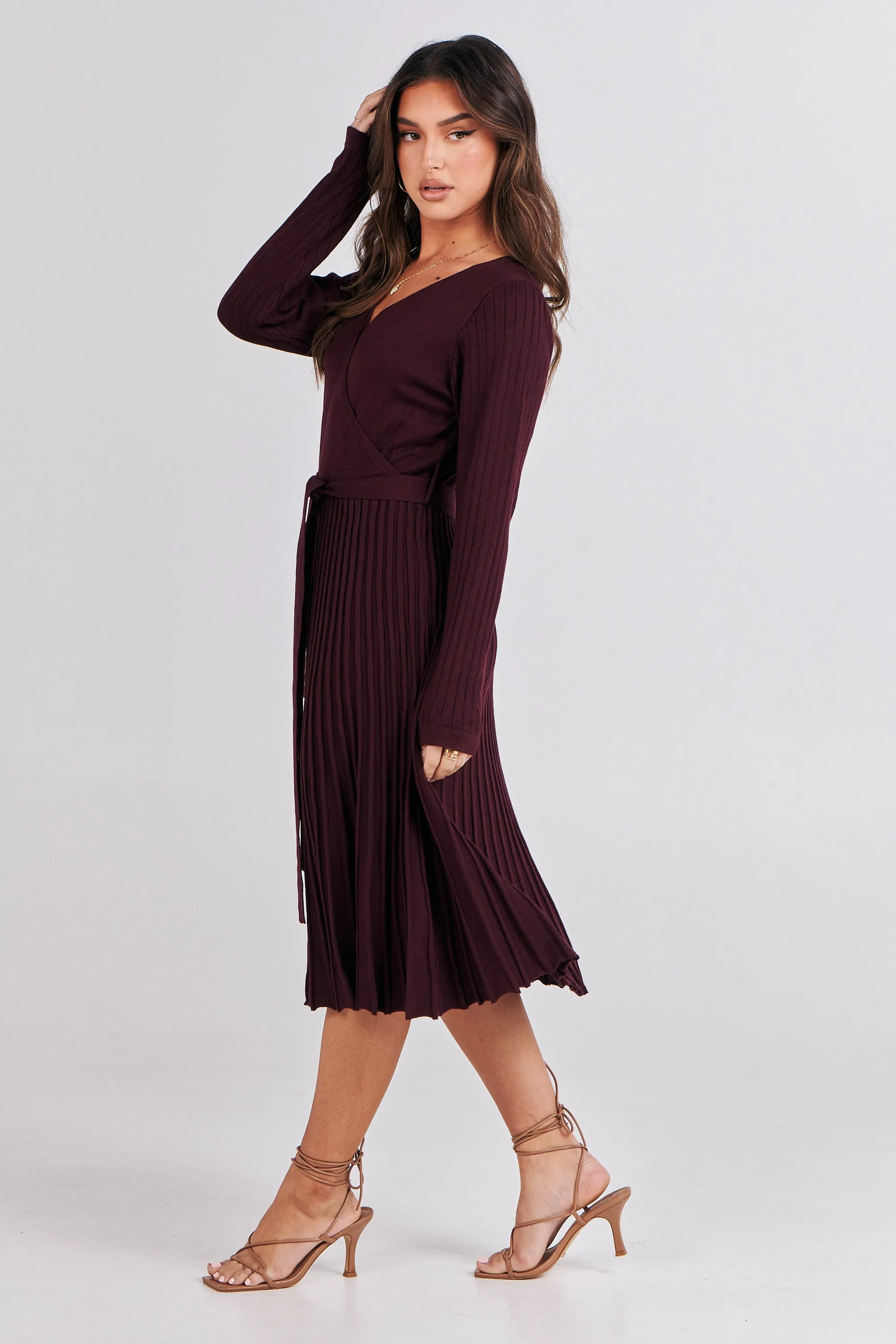 Parker Burgundy Long Sleeve Pleated Knit Midi Dress