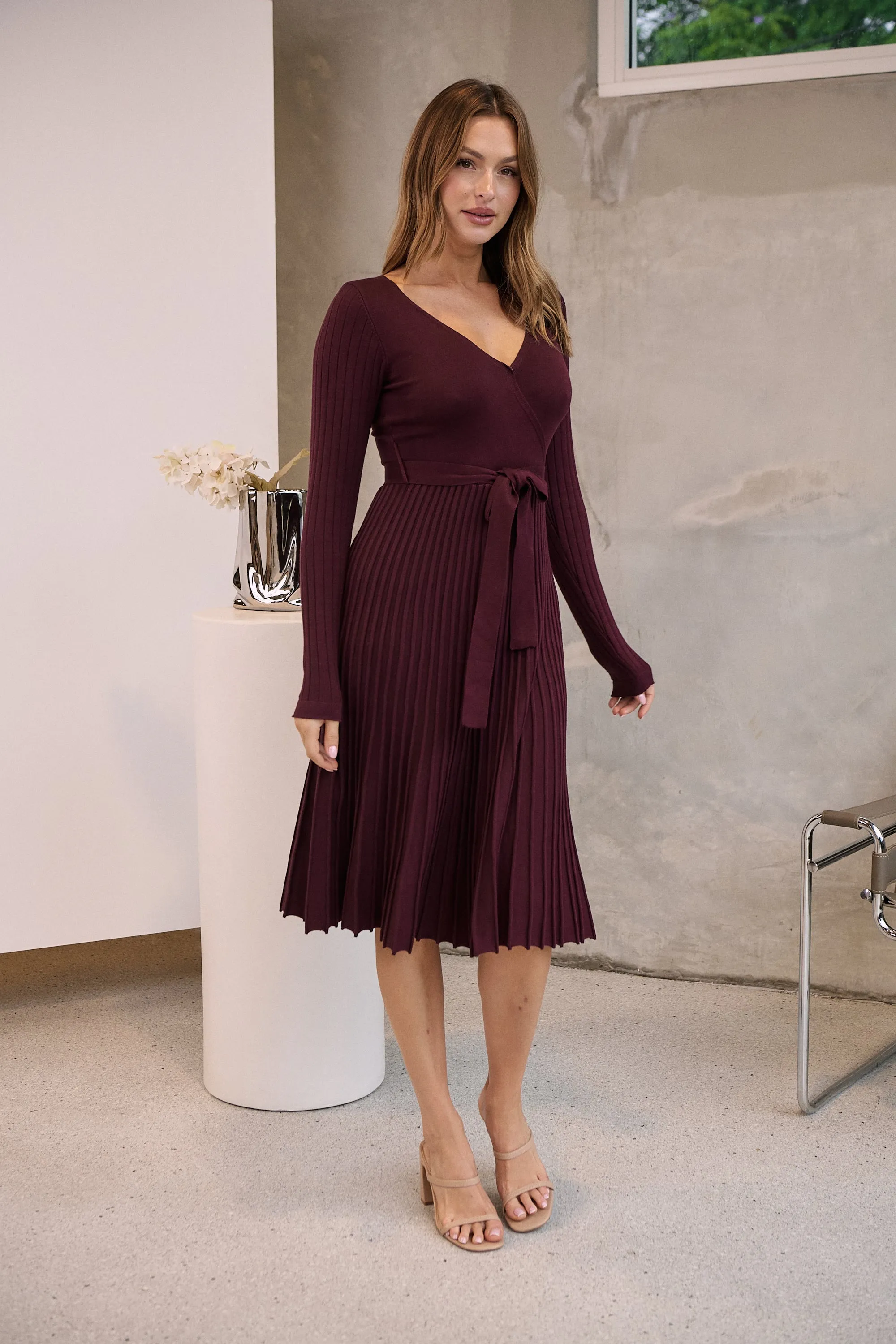 Parker Burgundy Long Sleeve Pleated Knit Midi Dress