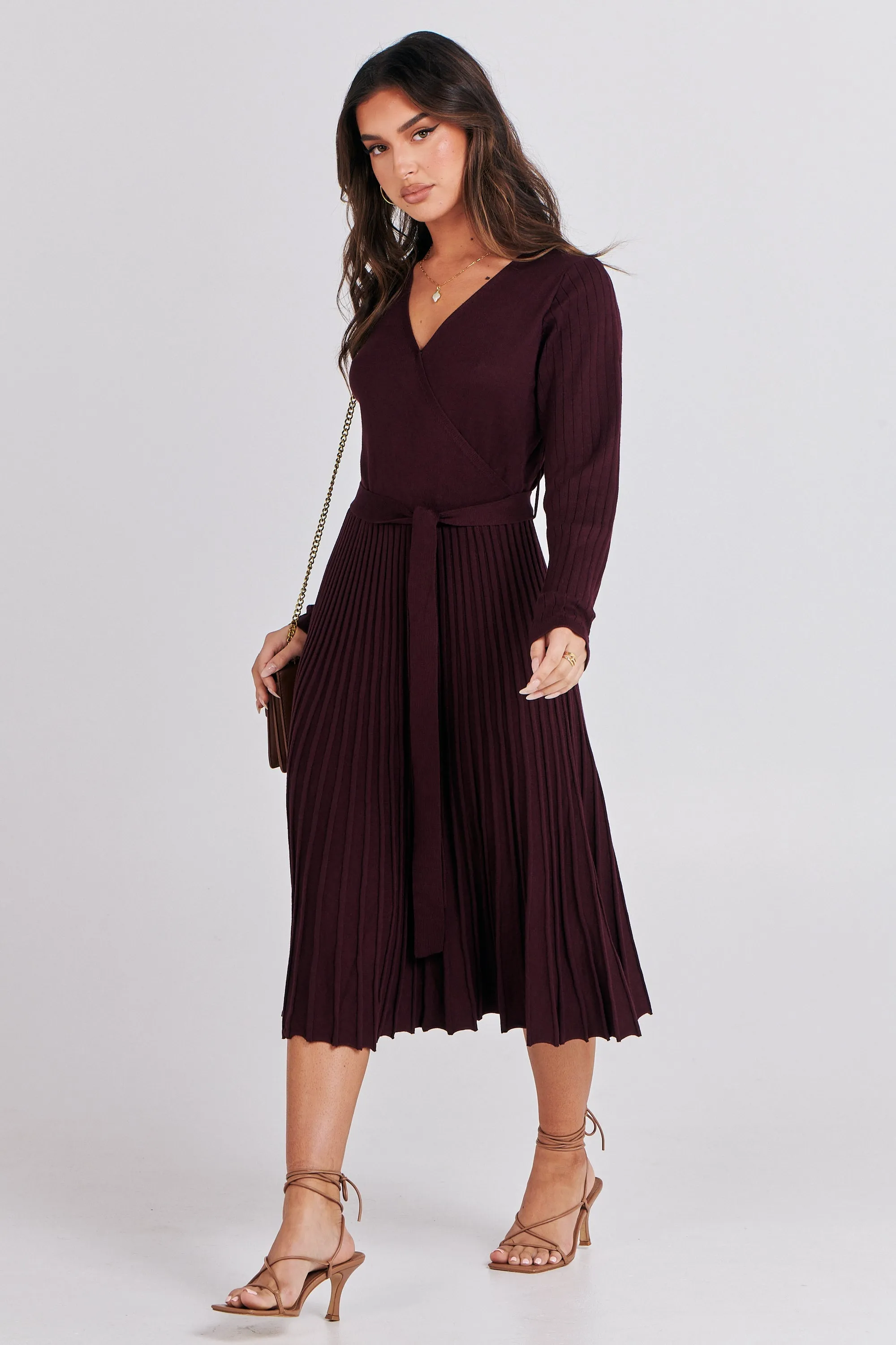 Parker Burgundy Long Sleeve Pleated Knit Midi Dress
