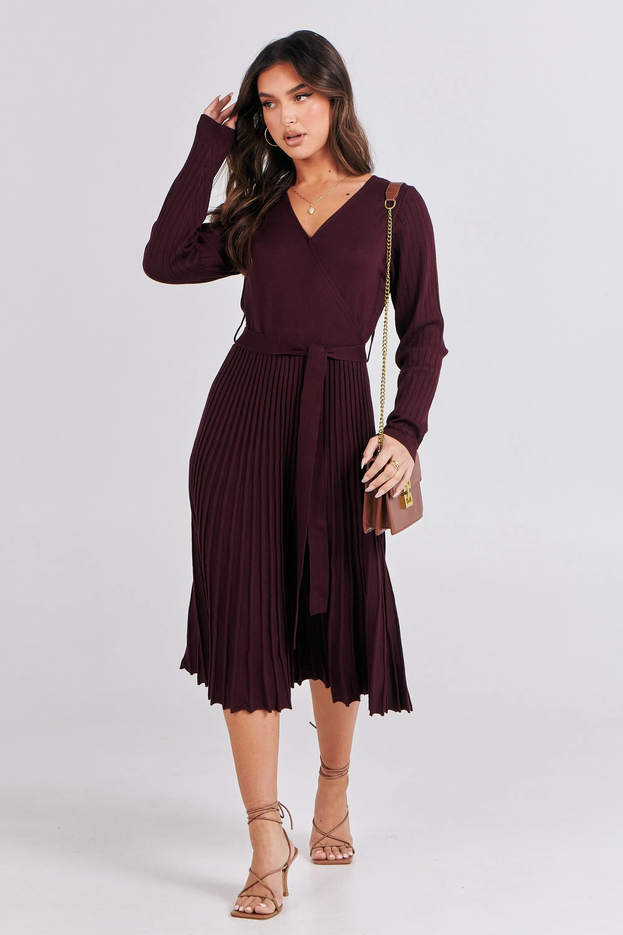 Parker Burgundy Long Sleeve Pleated Knit Midi Dress