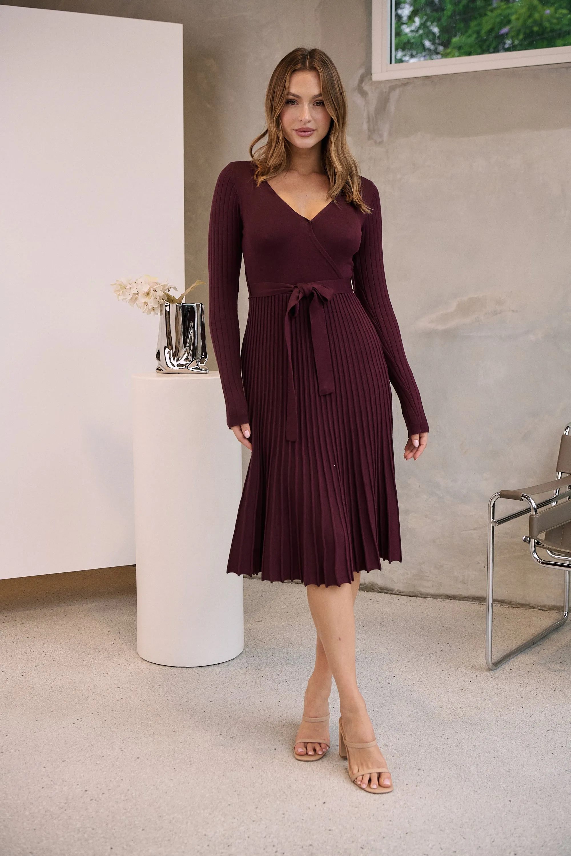 Parker Burgundy Long Sleeve Pleated Knit Midi Dress
