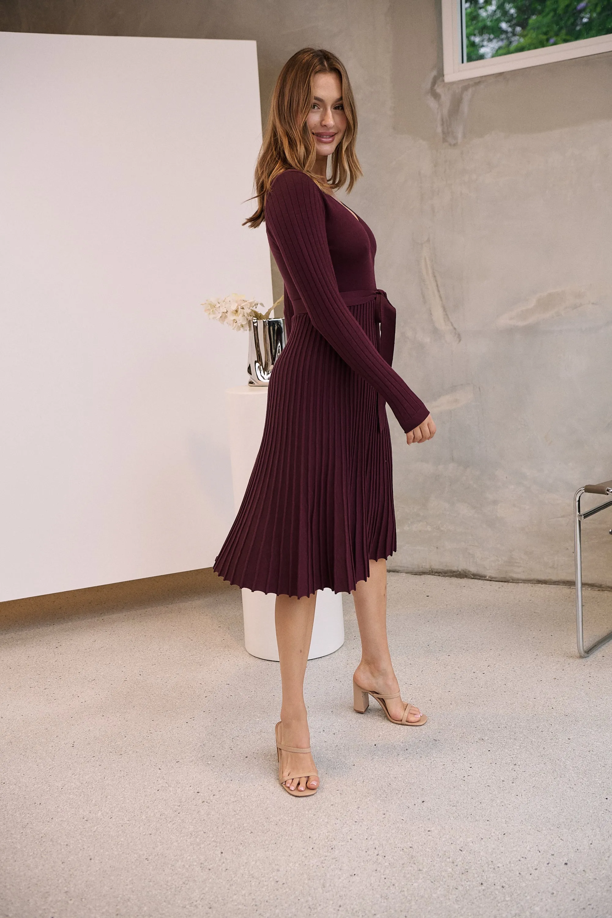 Parker Burgundy Long Sleeve Pleated Knit Midi Dress