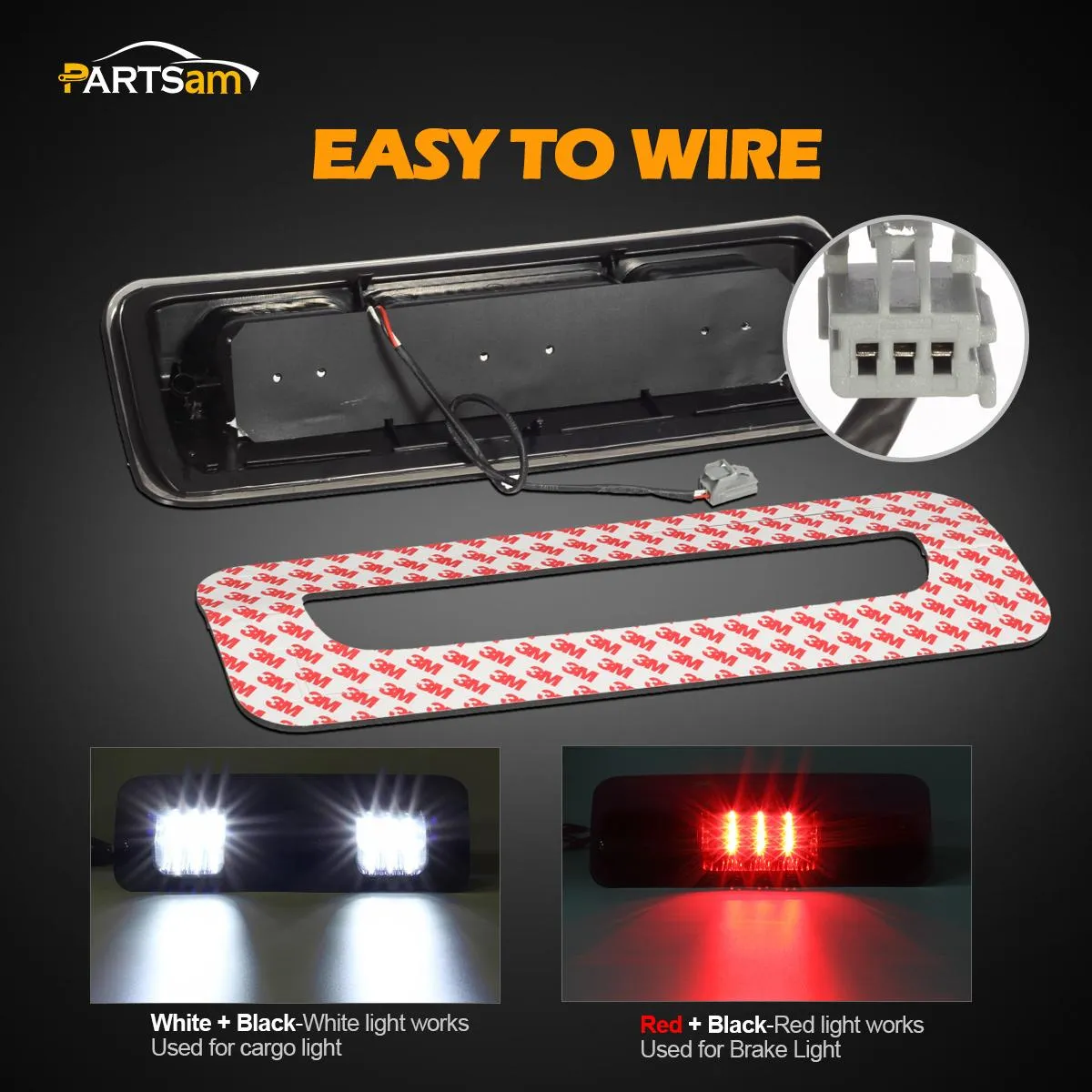Partsam Replacement for F150 F-150 2004 2005 2006 2007 2008 High Mount Stop Light 3rd Third Brake Light Smoked LED Rear Cab Roof Center Mount Brake Tail Cargo Light Lamp Chrome Housing w/3 Plugs