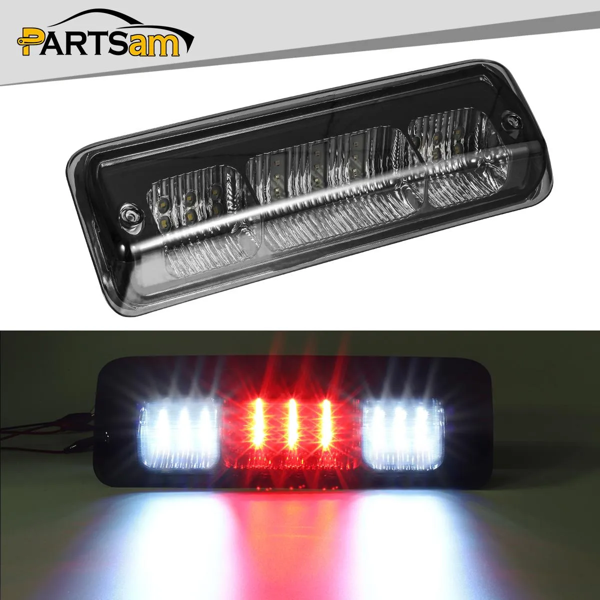 Partsam Replacement for F150 F-150 2004 2005 2006 2007 2008 High Mount Stop Light 3rd Third Brake Light Smoked LED Rear Cab Roof Center Mount Brake Tail Cargo Light Lamp Chrome Housing w/3 Plugs