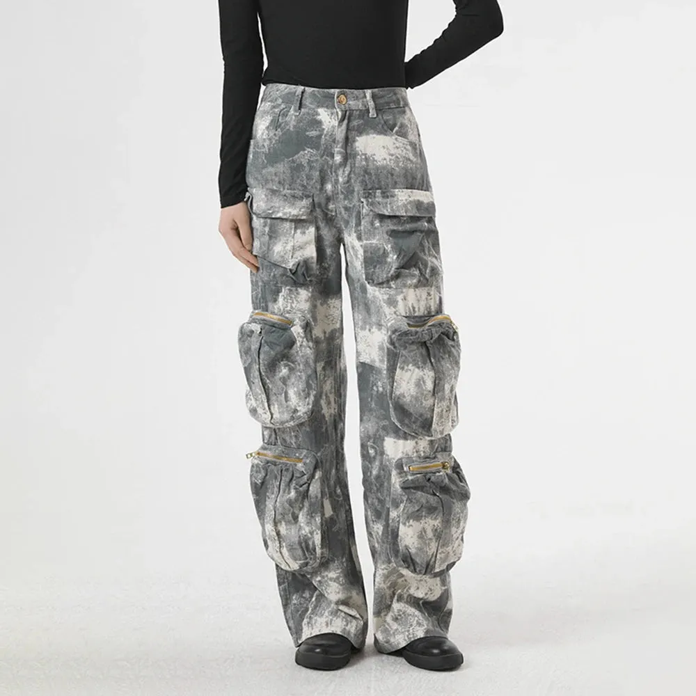 Patchwork Pockets Cargo Jeans For Women High Waist Spliced Button Streetwear Loose Denim Pants Female Fashion