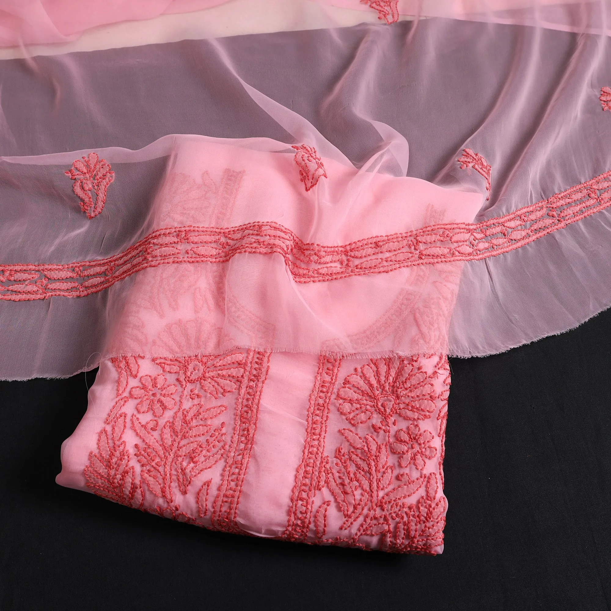 Peach - 3pc Hand Embroidery Georgette Chikankari Dress Material 21