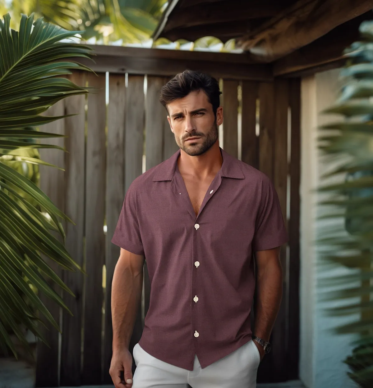 Pure Linen - Camp Collar - Short Sleeve - Maroon