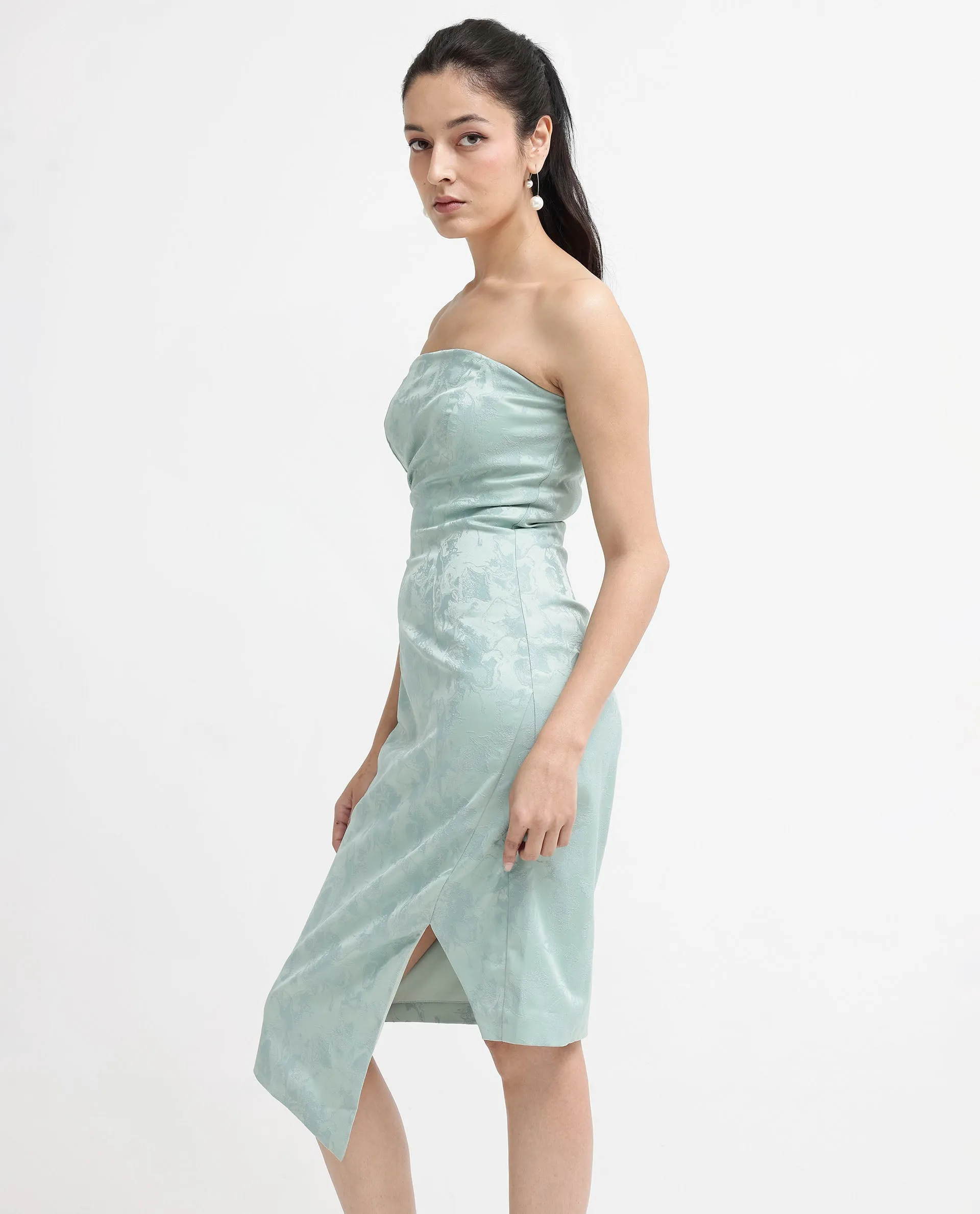 Rareism Women Krakow Light Blue Polyester Fabric Sleeveless Tube Neck Zipper Closure Textured Bodycon Knee Length Dress