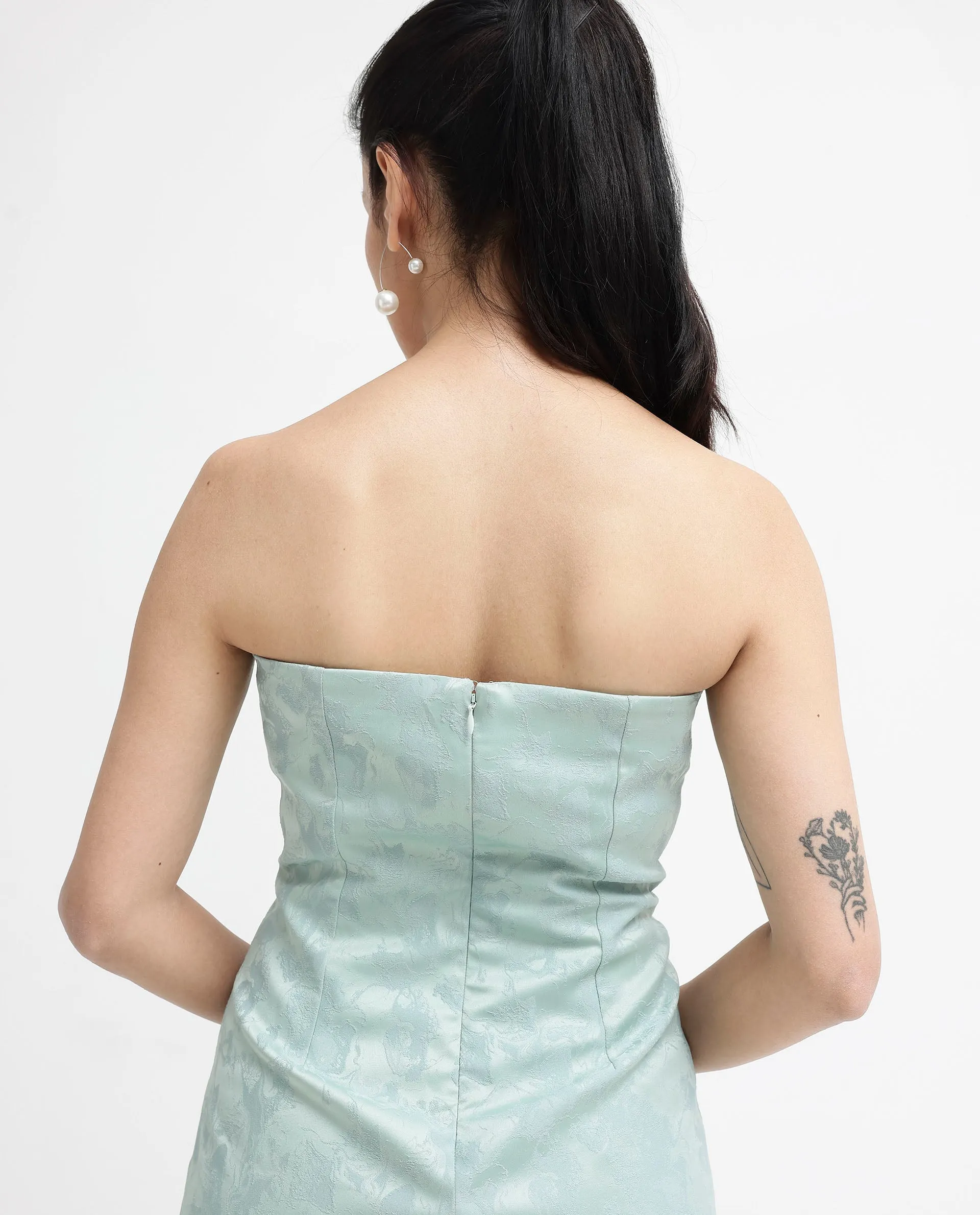 Rareism Women Krakow Light Blue Polyester Fabric Sleeveless Tube Neck Zipper Closure Textured Bodycon Knee Length Dress