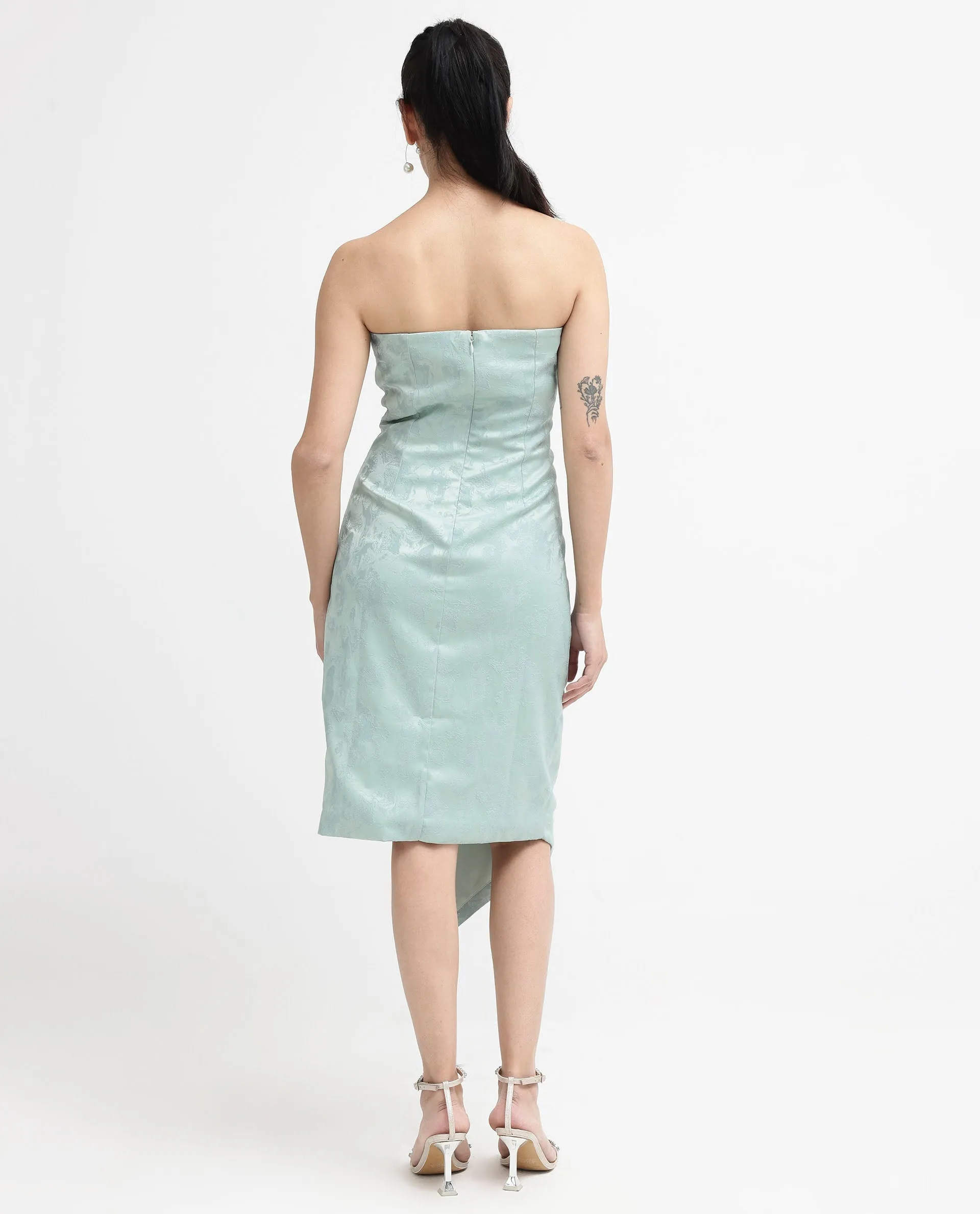 Rareism Women Krakow Light Blue Polyester Fabric Sleeveless Tube Neck Zipper Closure Textured Bodycon Knee Length Dress