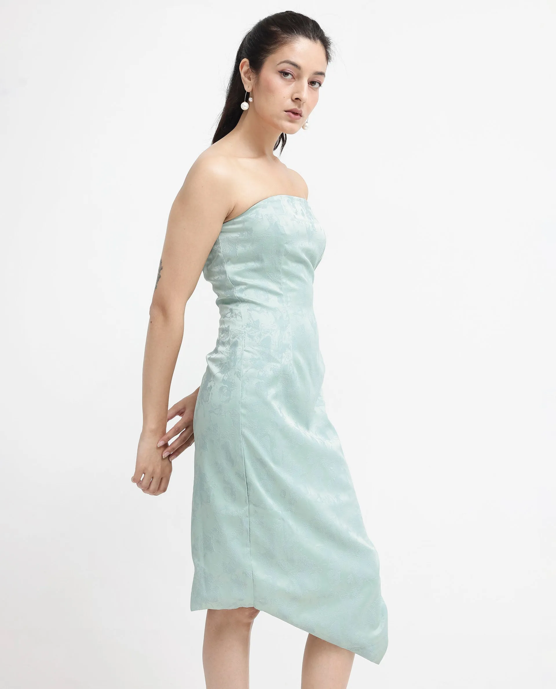 Rareism Women Krakow Light Blue Polyester Fabric Sleeveless Tube Neck Zipper Closure Textured Bodycon Knee Length Dress