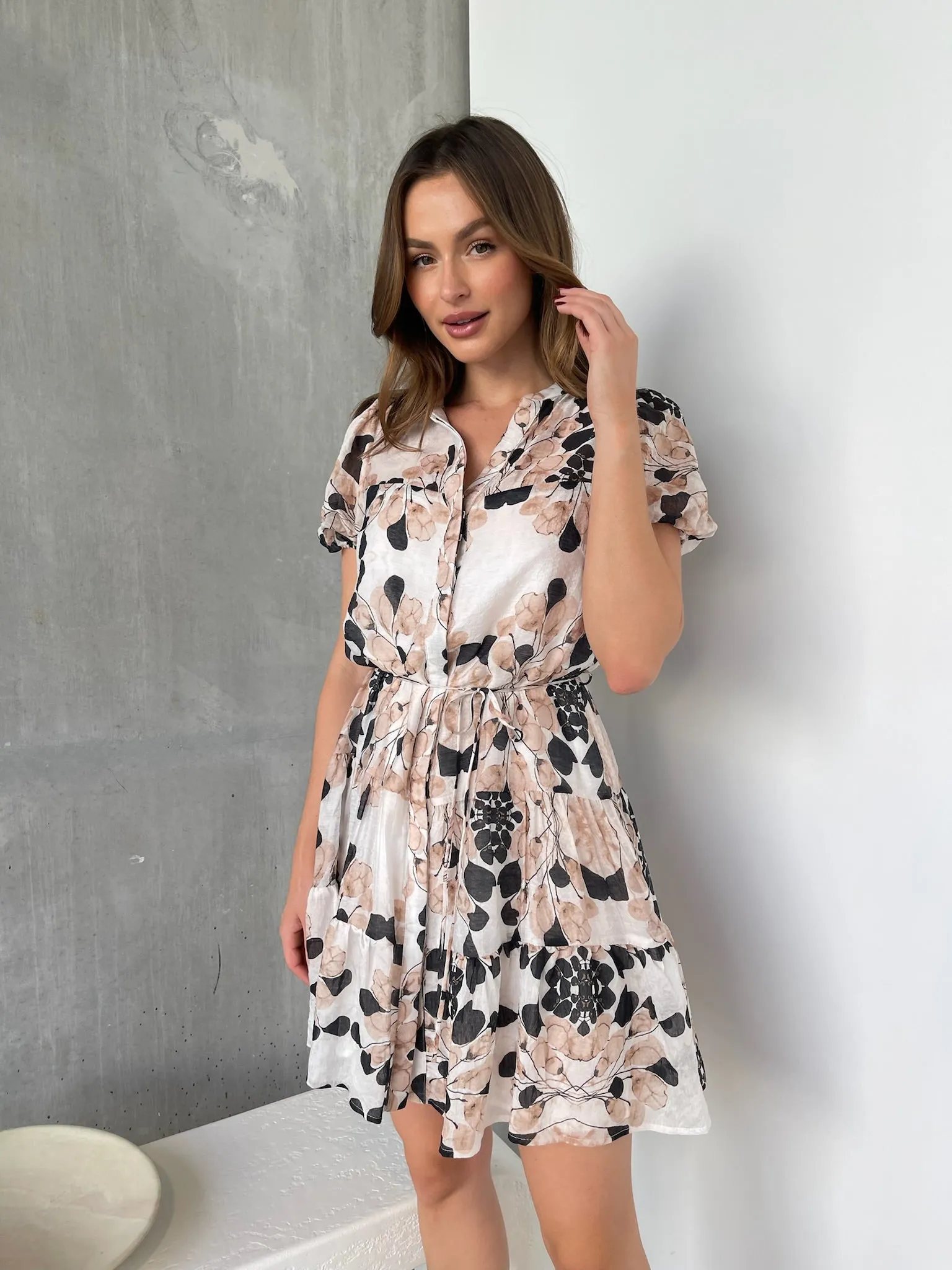 Sonya Blush/Navy Leaf Print Frill Smock Dress