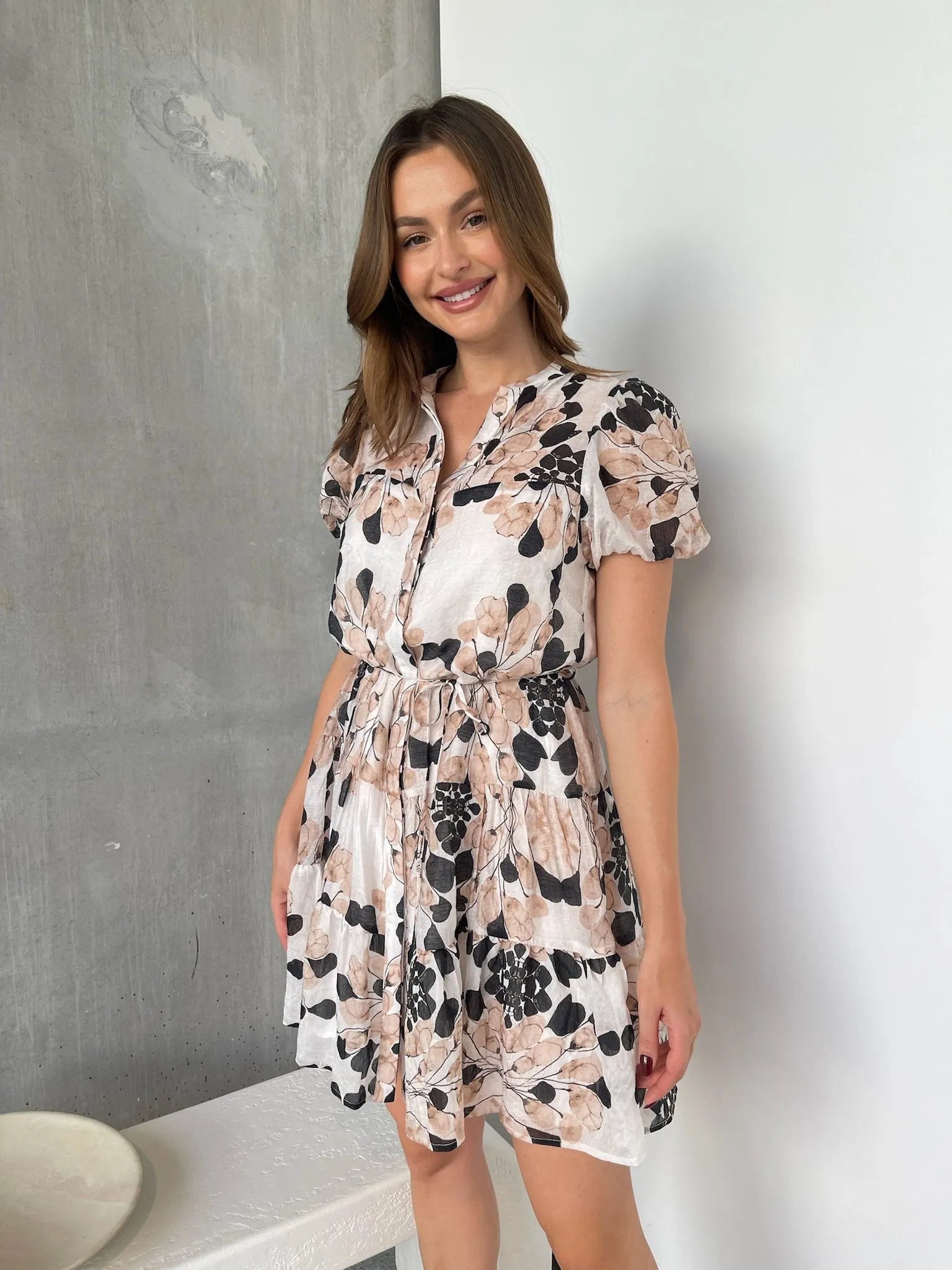 Sonya Blush/Navy Leaf Print Frill Smock Dress