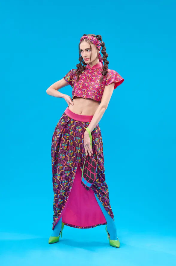 SPARKLE BY KAREN CHAN x  HK Heritage Museum【PUZZLE CUBE】100% Silk Cheongsam Cropped Top (Ruffle Sleeve) (我們的兒時玩意) (扭計骰)