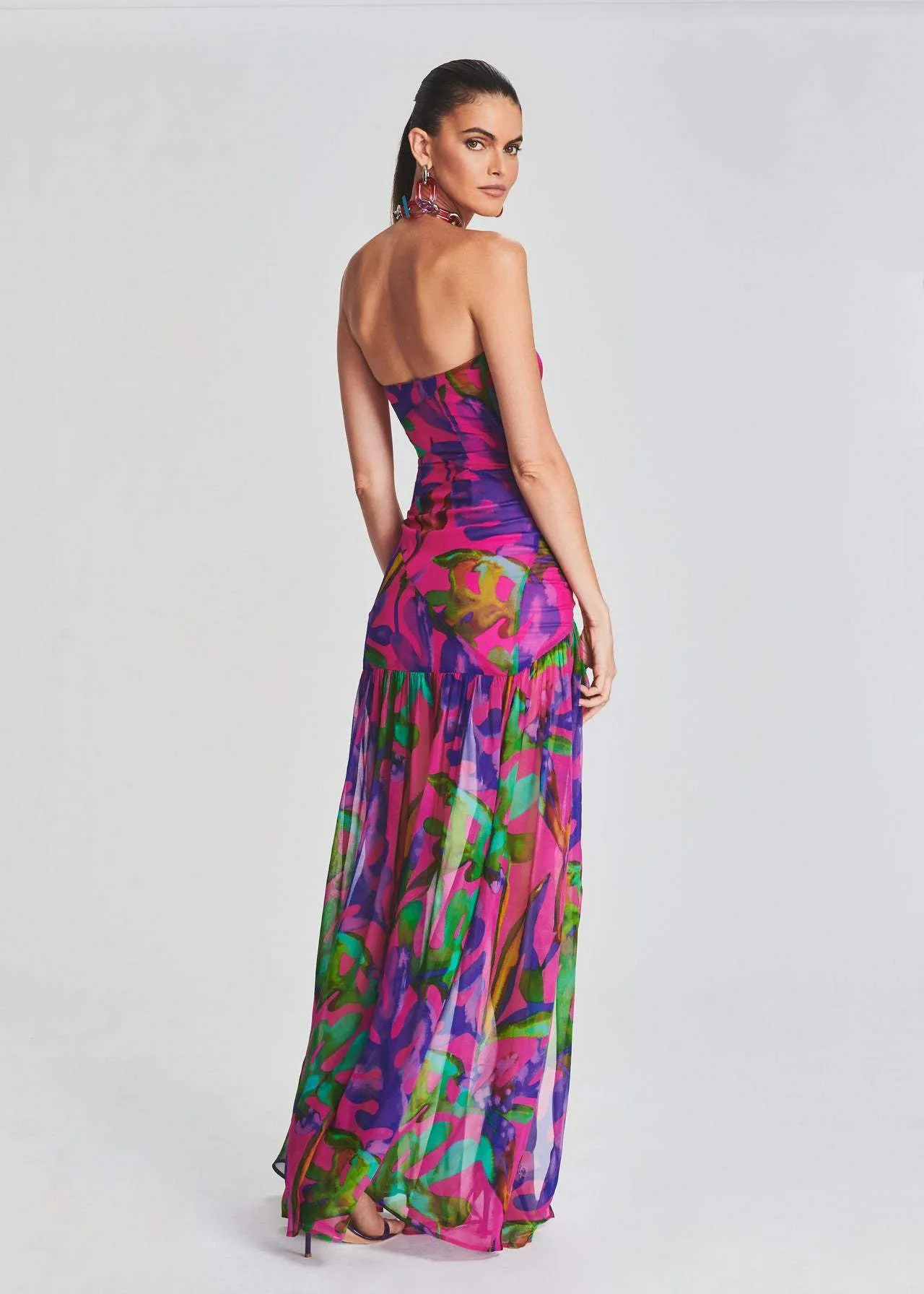 Stefania - Printed Bustier Maxi Dress with High Slit