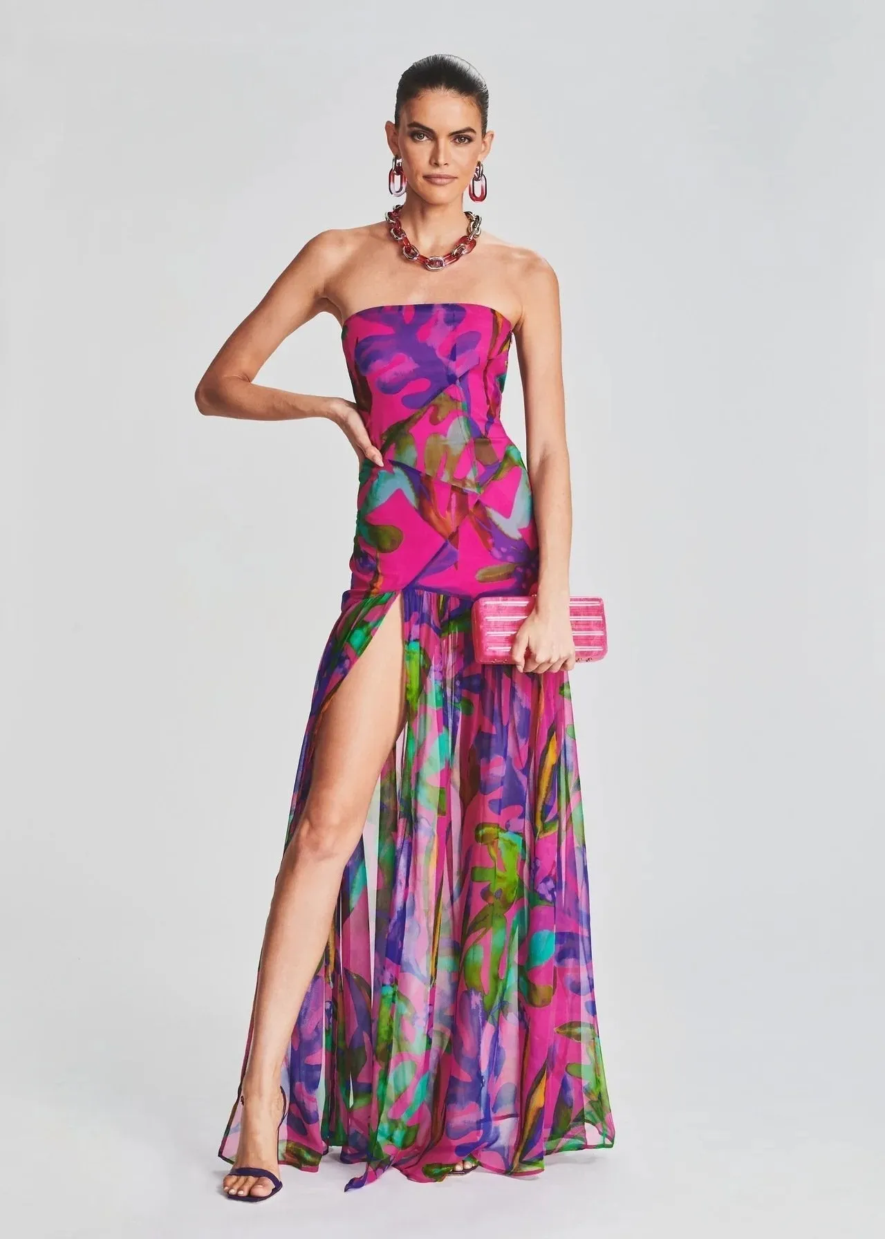 Stefania - Printed Bustier Maxi Dress with High Slit