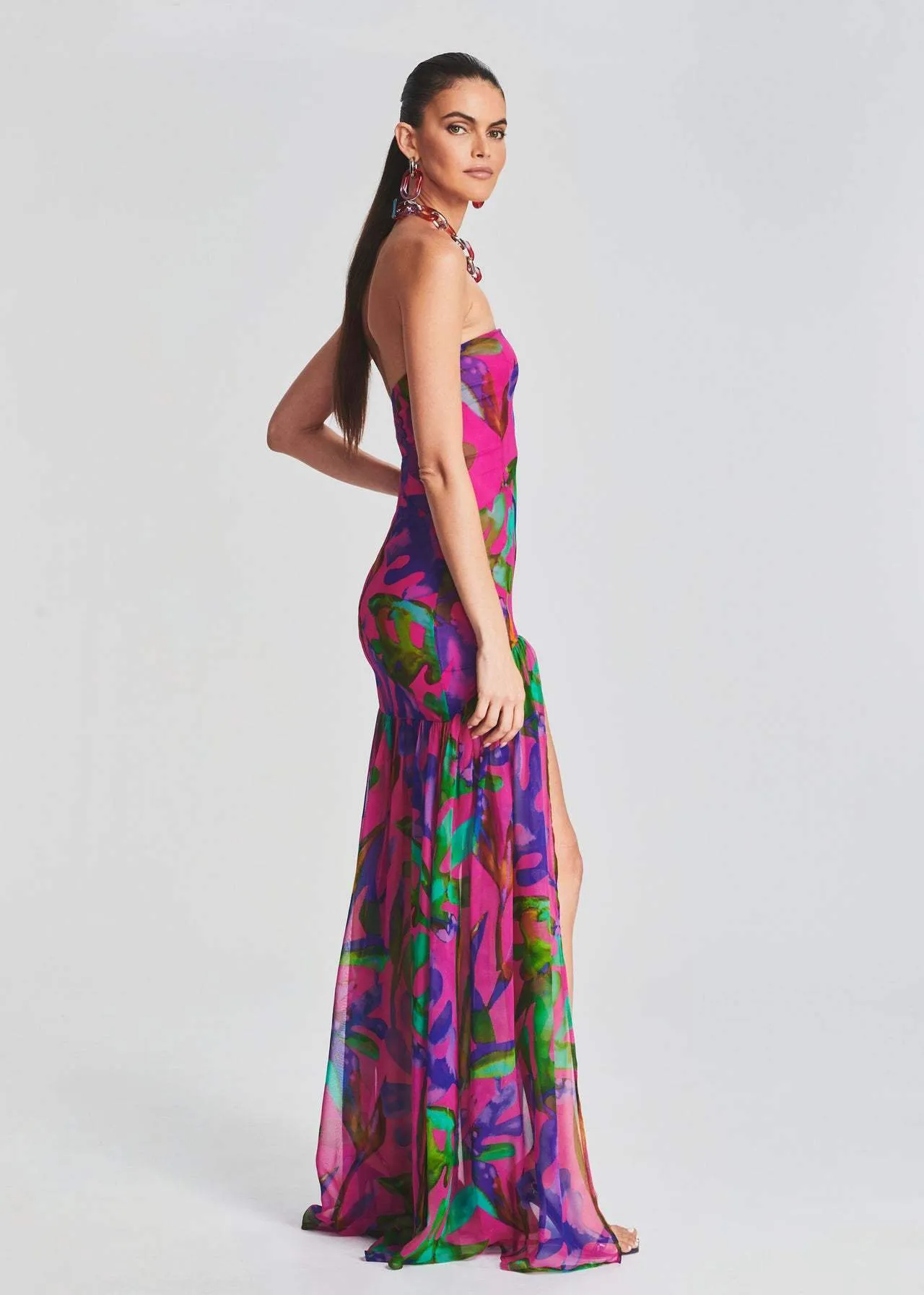 Stefania - Printed Bustier Maxi Dress with High Slit