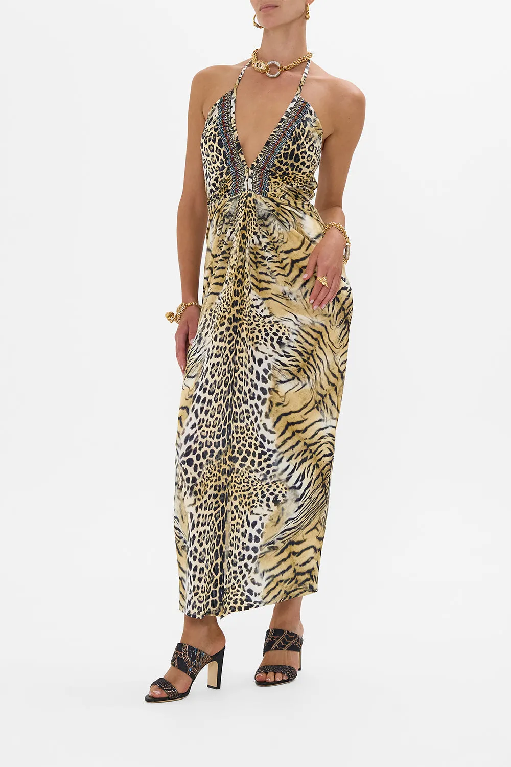 V NECK GATHERED JERSEY DRESS JAGUAR