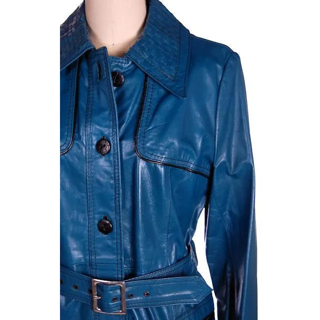 Vintage Ladies Leather Short Trench Coat Deep Turquoise 1970s