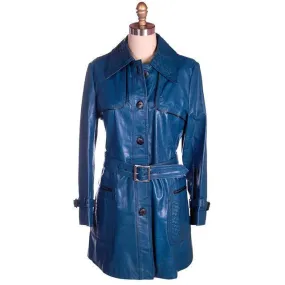 Vintage Ladies Leather Short Trench Coat Deep Turquoise 1970s