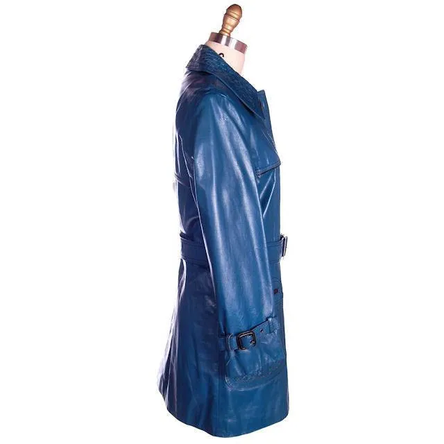 Vintage Ladies Leather Short Trench Coat Deep Turquoise 1970s