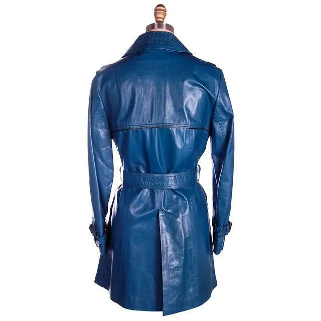 Vintage Ladies Leather Short Trench Coat Deep Turquoise 1970s