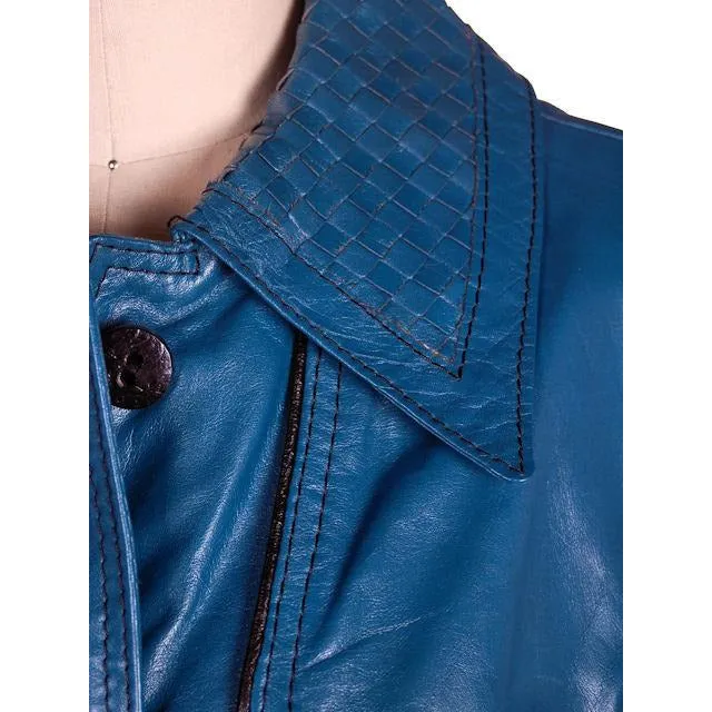Vintage Ladies Leather Short Trench Coat Deep Turquoise 1970s
