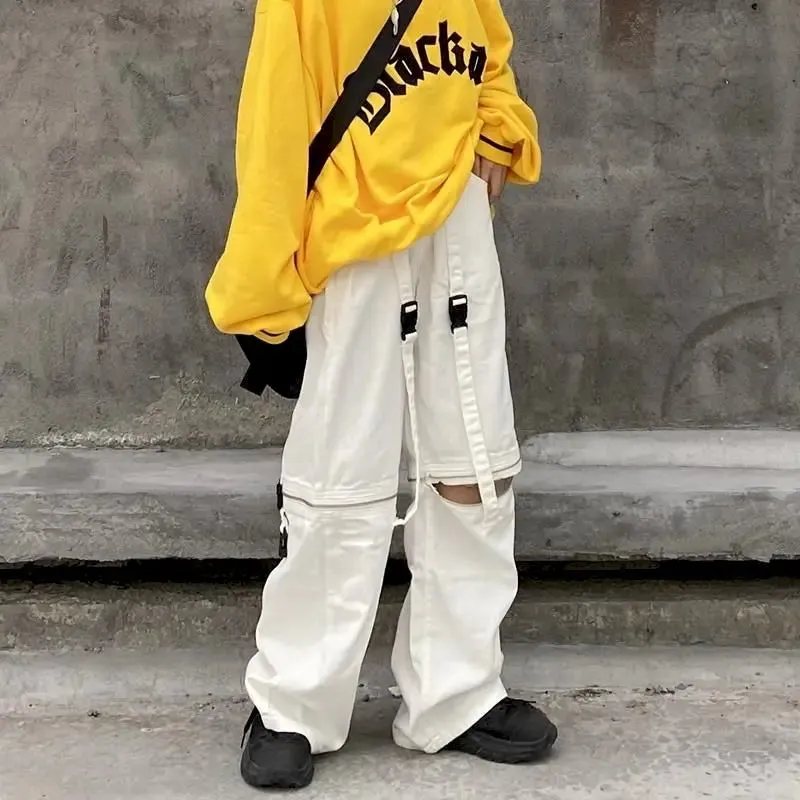 WIAOFELLAS  -  Cargo Jeans Women Pants Zipper Detachable Loose Wide Leg Trousers High Street Harajuku Korean Streetwear Female Bottoms Clothes