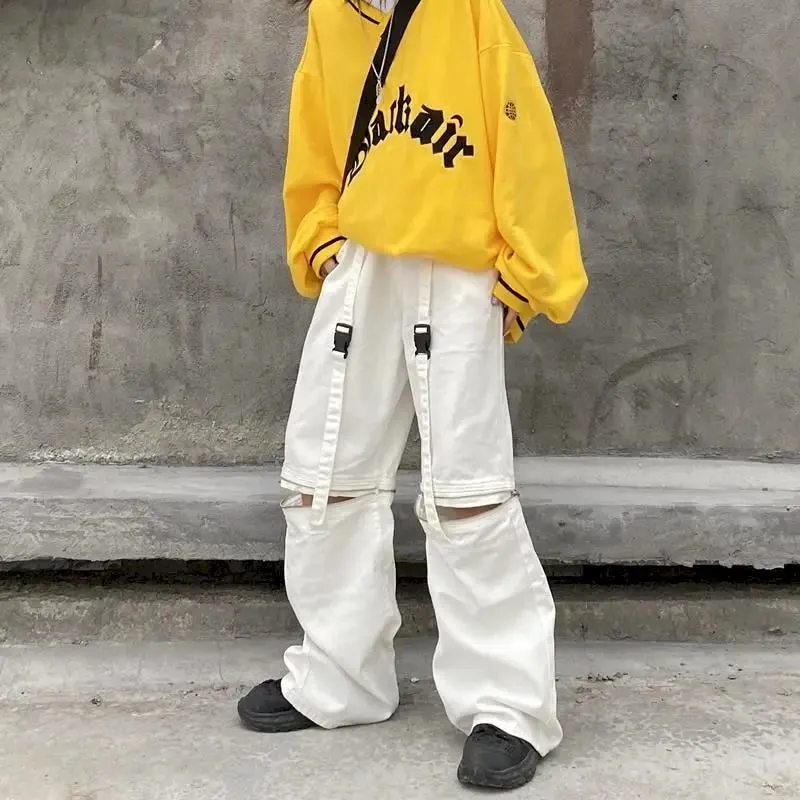 WIAOFELLAS  -  Cargo Jeans Women Pants Zipper Detachable Loose Wide Leg Trousers High Street Harajuku Korean Streetwear Female Bottoms Clothes