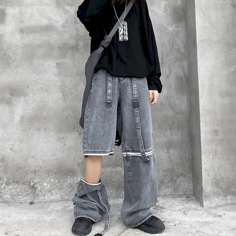 WIAOFELLAS  -  Cargo Jeans Women Pants Zipper Detachable Loose Wide Leg Trousers High Street Harajuku Korean Streetwear Female Bottoms Clothes