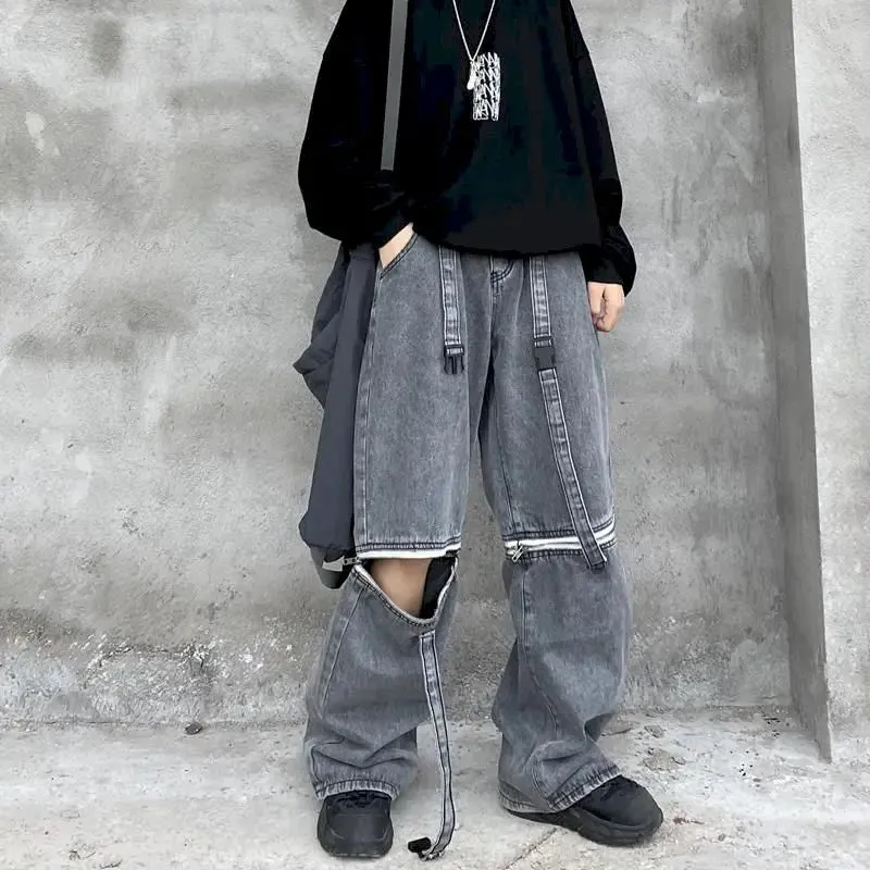 WIAOFELLAS  -  Cargo Jeans Women Pants Zipper Detachable Loose Wide Leg Trousers High Street Harajuku Korean Streetwear Female Bottoms Clothes